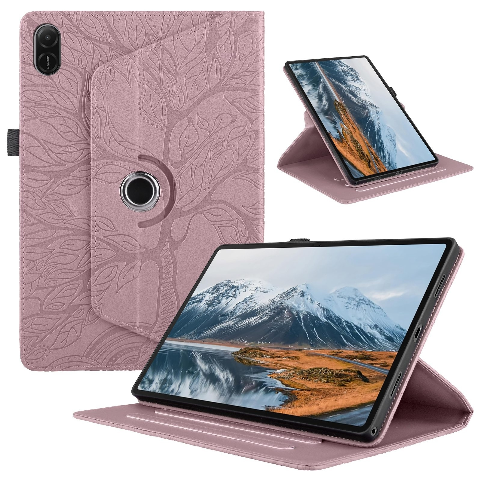 Fundas de tablet rosa con árbol grabado y tablet apoyada con paisaje de montaña.