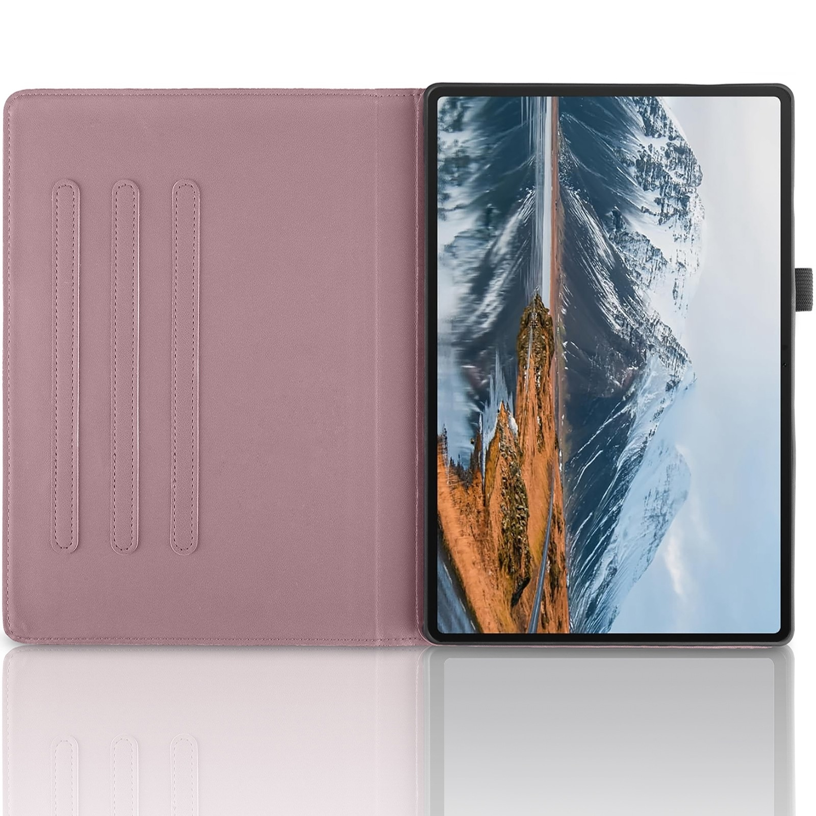Una funda para tablet rosa abierta con tres rayas muestra un fondo de pantalla de montaña vertical.