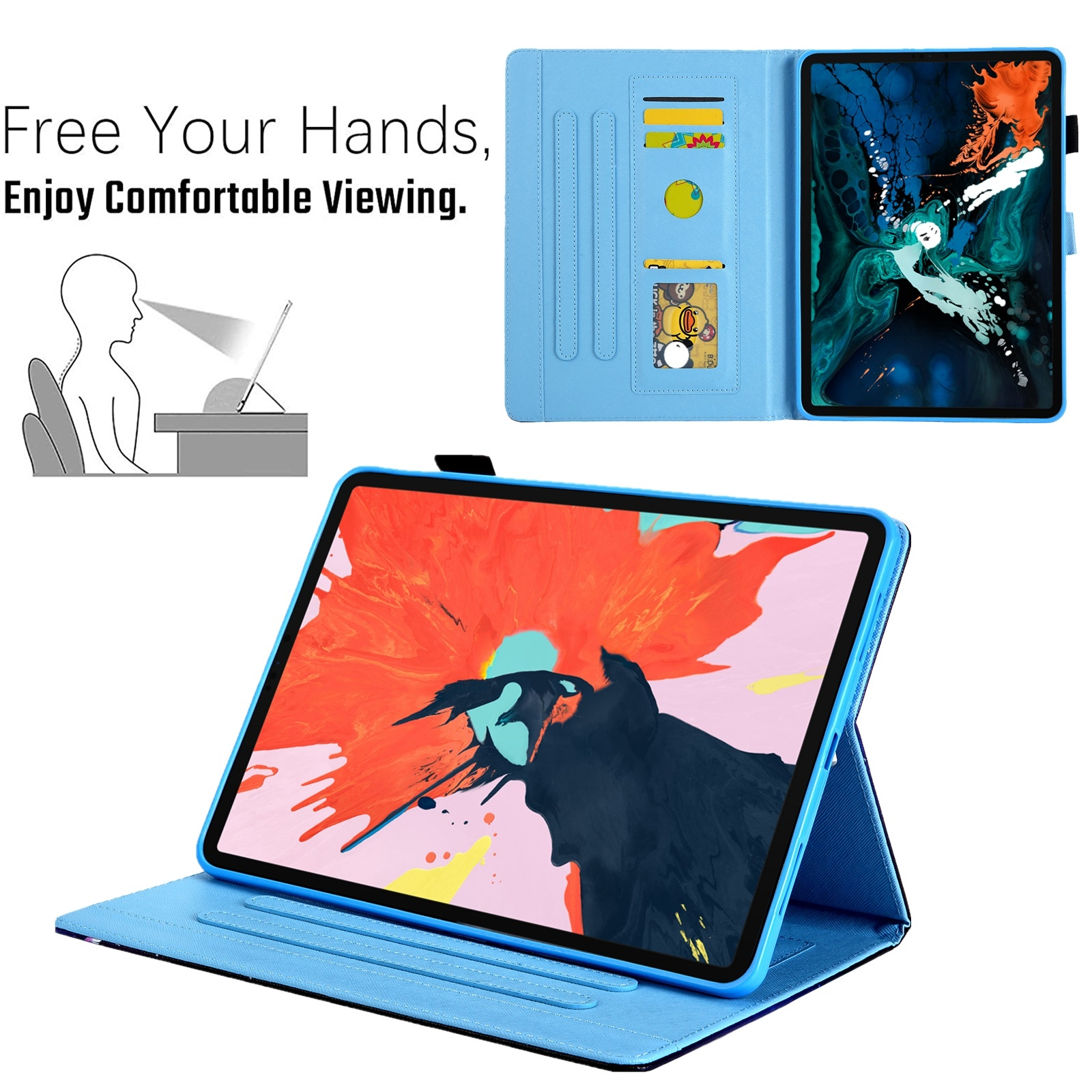 Eine hellblaue Tablethülle mit Kartenfächern und einem Tablet mit buntem abstrakten Bildschirm.