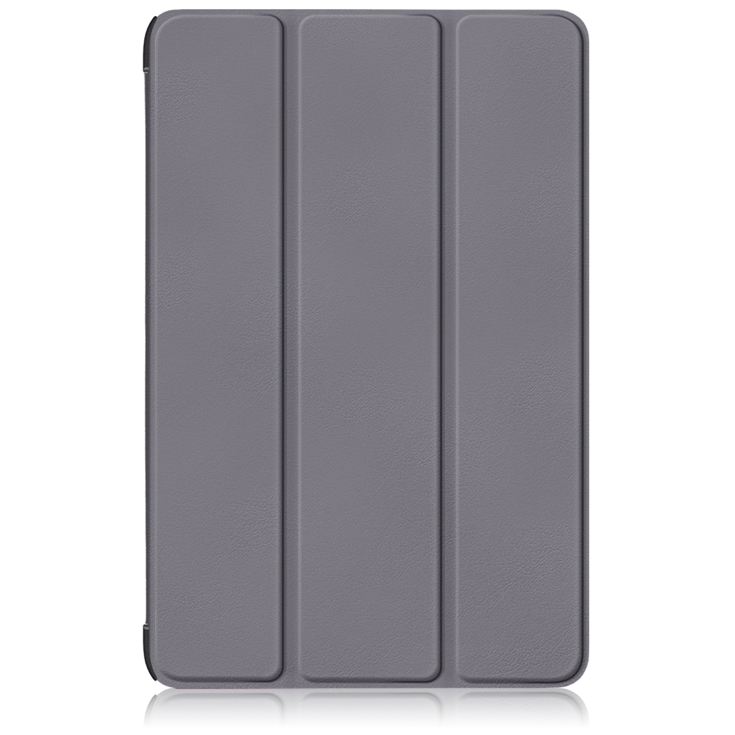 Ein graues Tablet-Flip-Case mit drei vertikalen Faltstreifen auf weißem Hintergrund und leichter Bodenspiegelung.