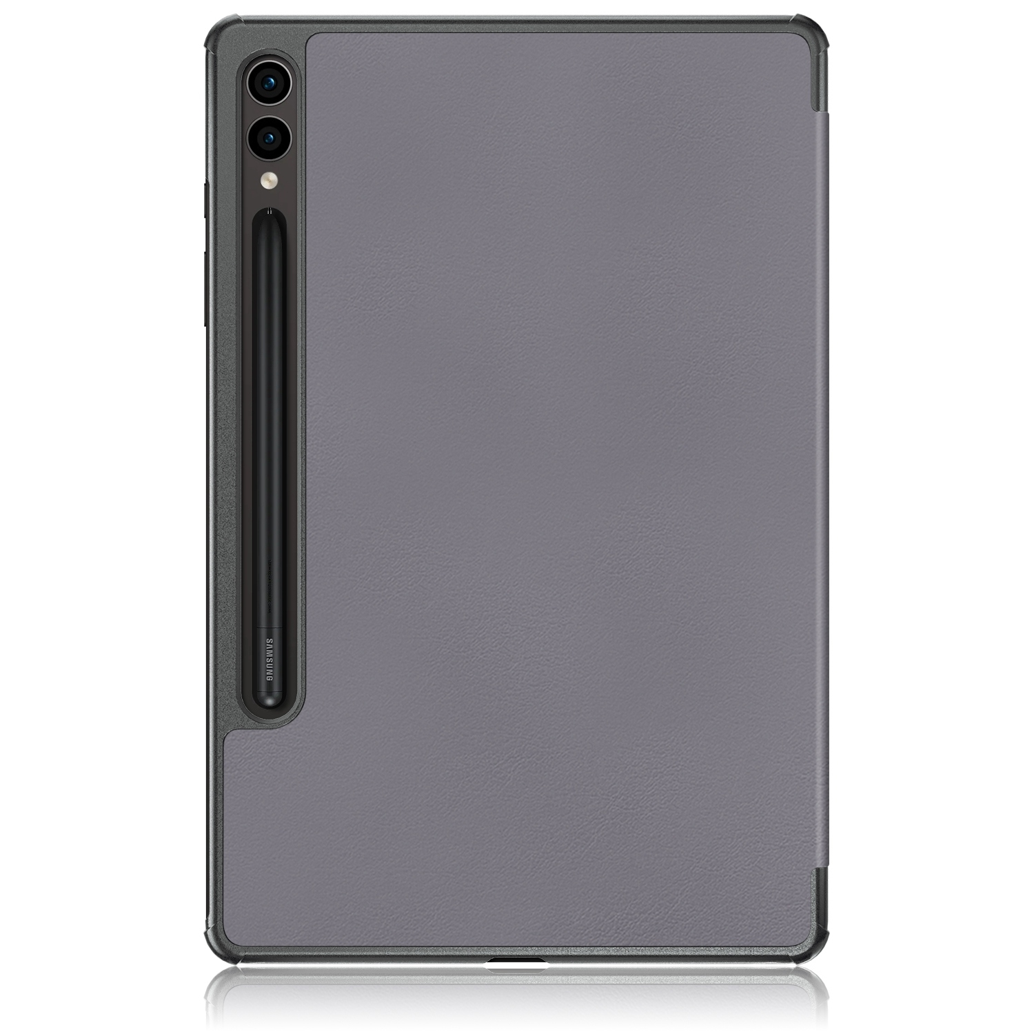 Graues Tablet in dunklem Schutzcase mit zwei Kameras und Stift auf der Rückseite.