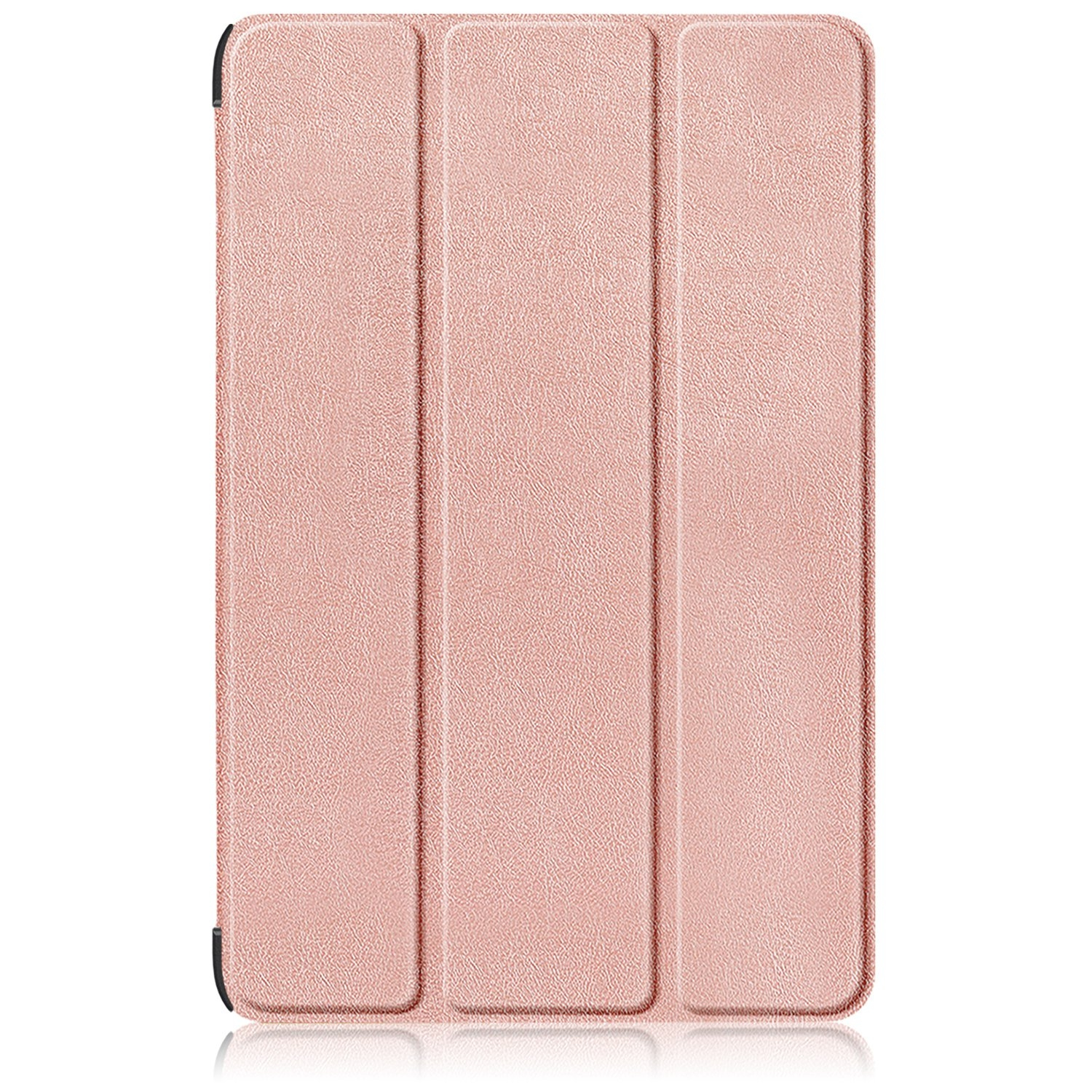 Eine geschlossene rosafarbene Tablet-Hülle mit dreifach faltbarer Vorderseite auf weißem Hintergrund.
