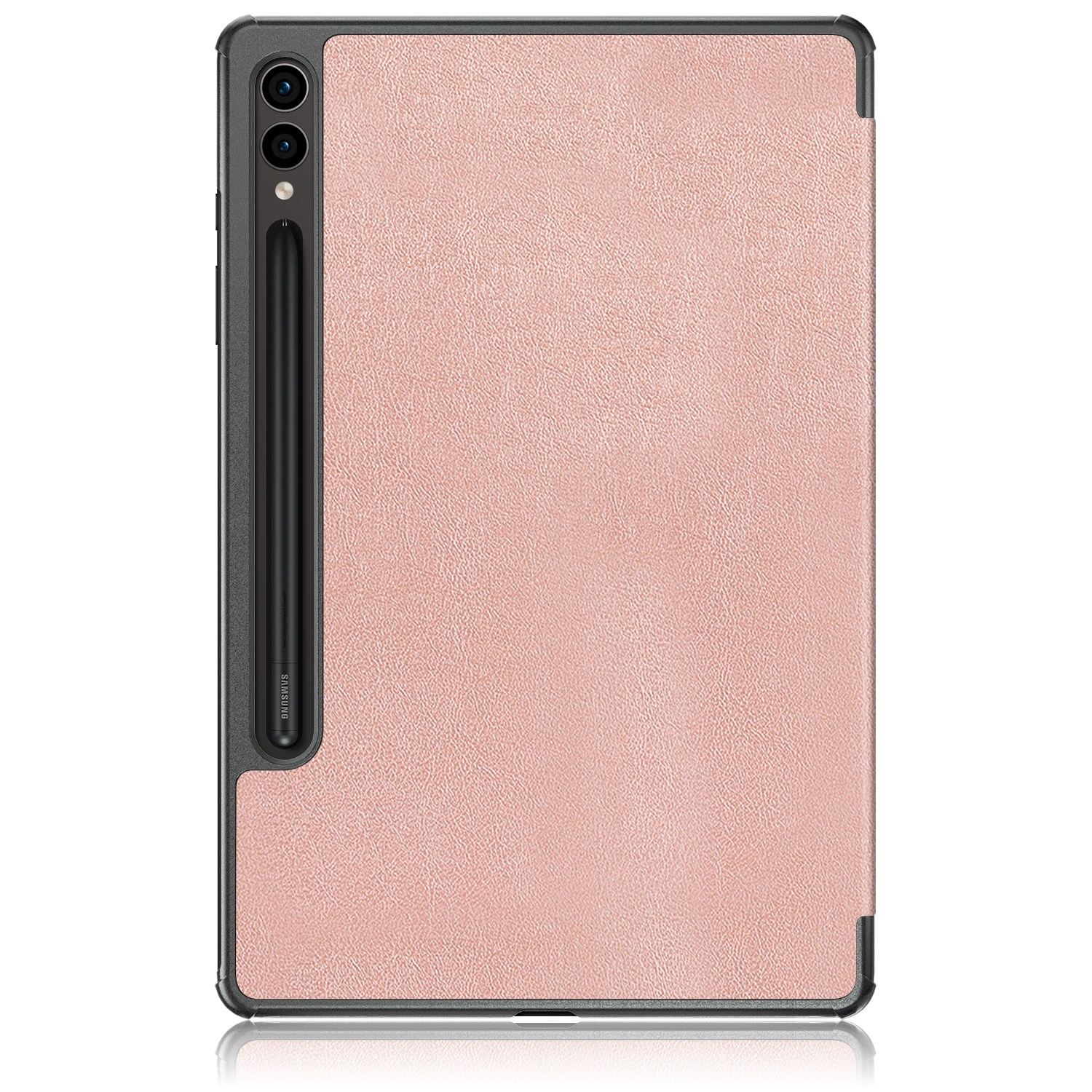 Rückseite eines rosafarbenen Tablets in schwarzer Hülle mit Stift und zwei Kameras.