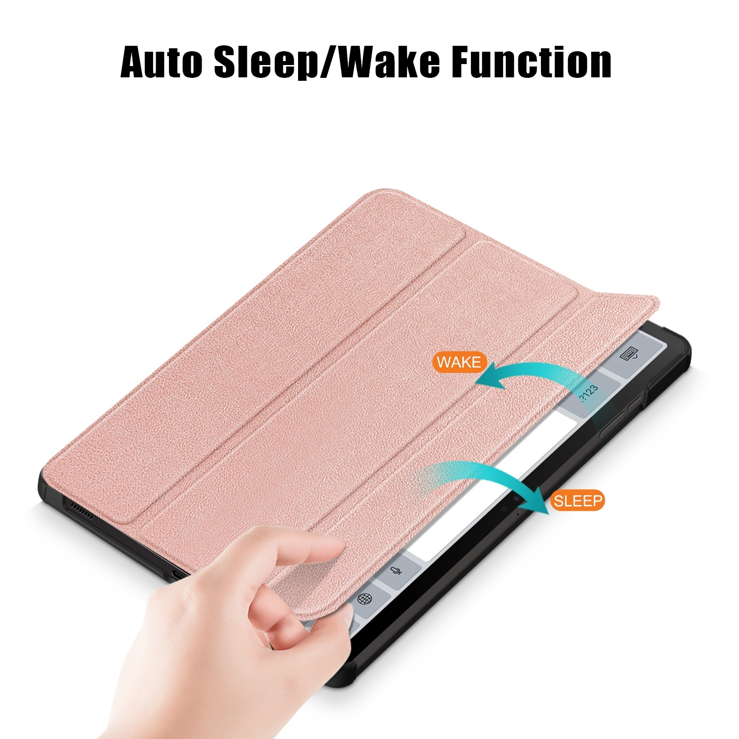 Hand öffnet eine rosa Tablet-Hülle, die Auto-Sleep- und Wake-Funktion zeigt.