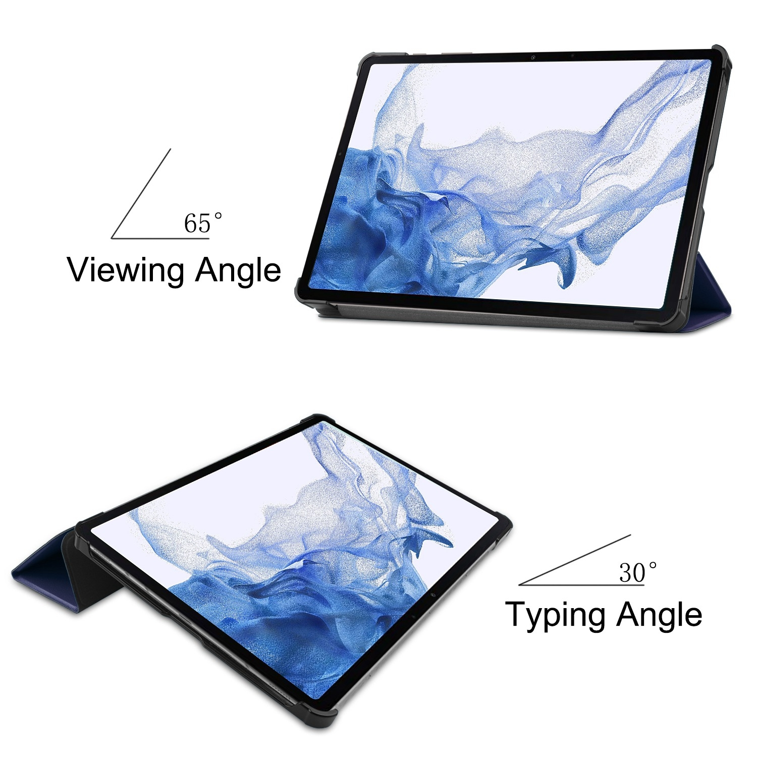 Tablet in einer Hülle mit 65 Grad Betrachtungswinkel oben und 30 Grad Tippwinkel unten auf weißem Hintergrund.