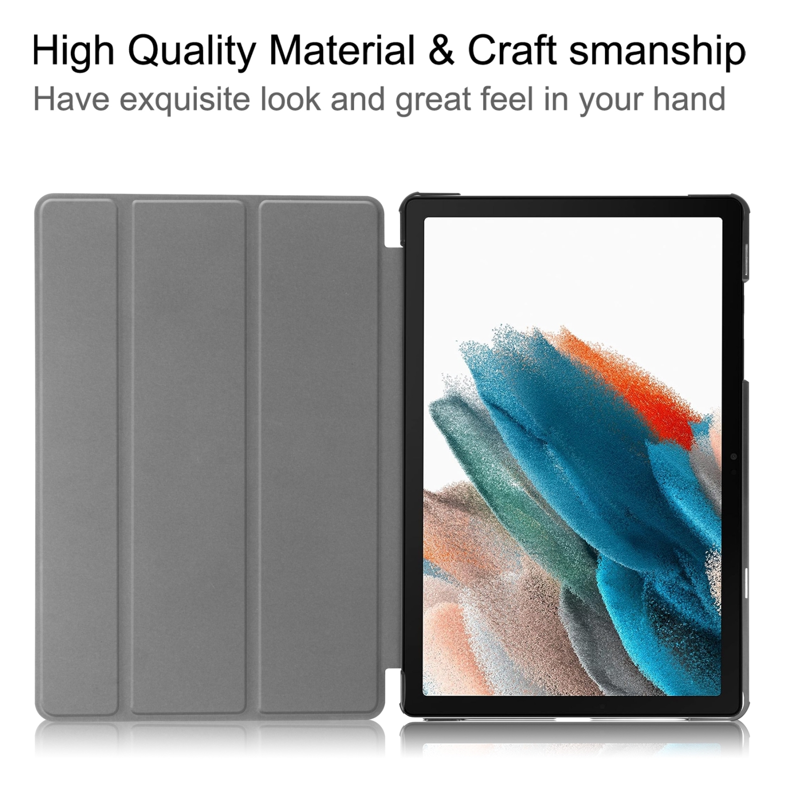 Ein Tablet mit grauer Klapphülle und abstraktem Farbbildschirm.