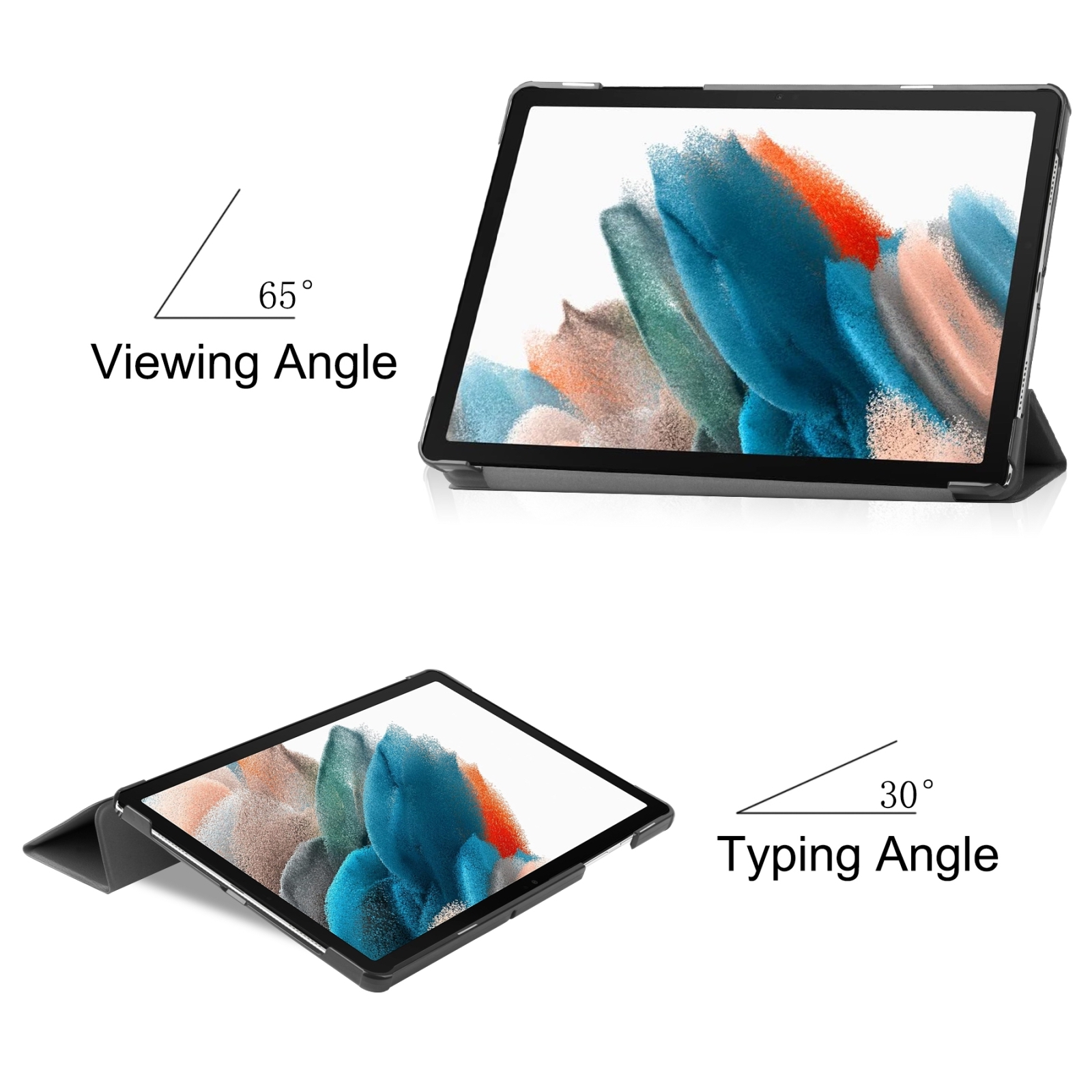 Ein Tablet in einer Schutzhülle, das einen 65-Grad-Winkel zum Ansehen und einen 30-Grad-Winkel zum Tippen zeigt.