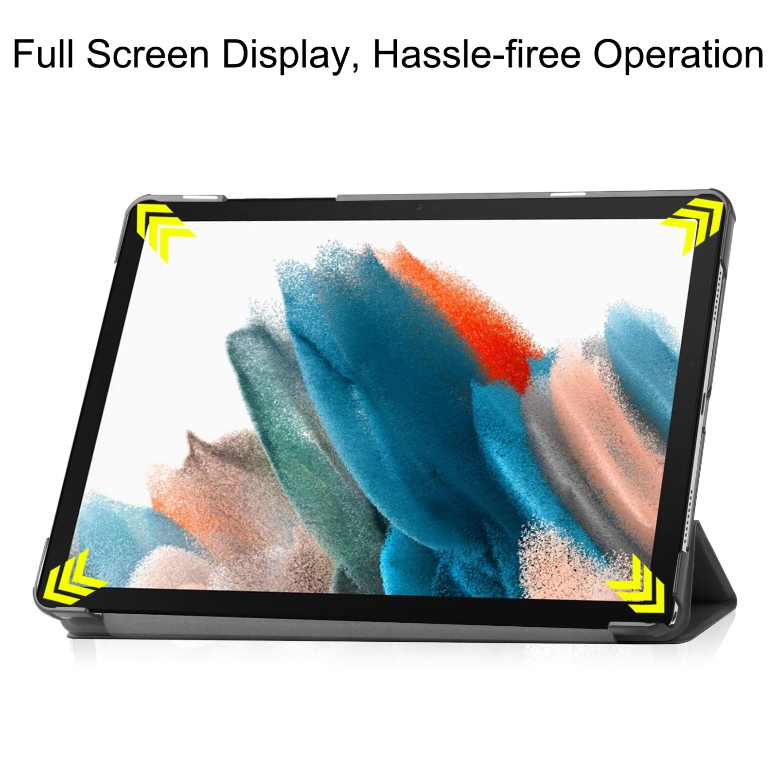 Ein Tablet in einer Schutzhülle zeigt einen abstrakten bunten Bildschirm, mit gelben Pfeilen an den Ecken.