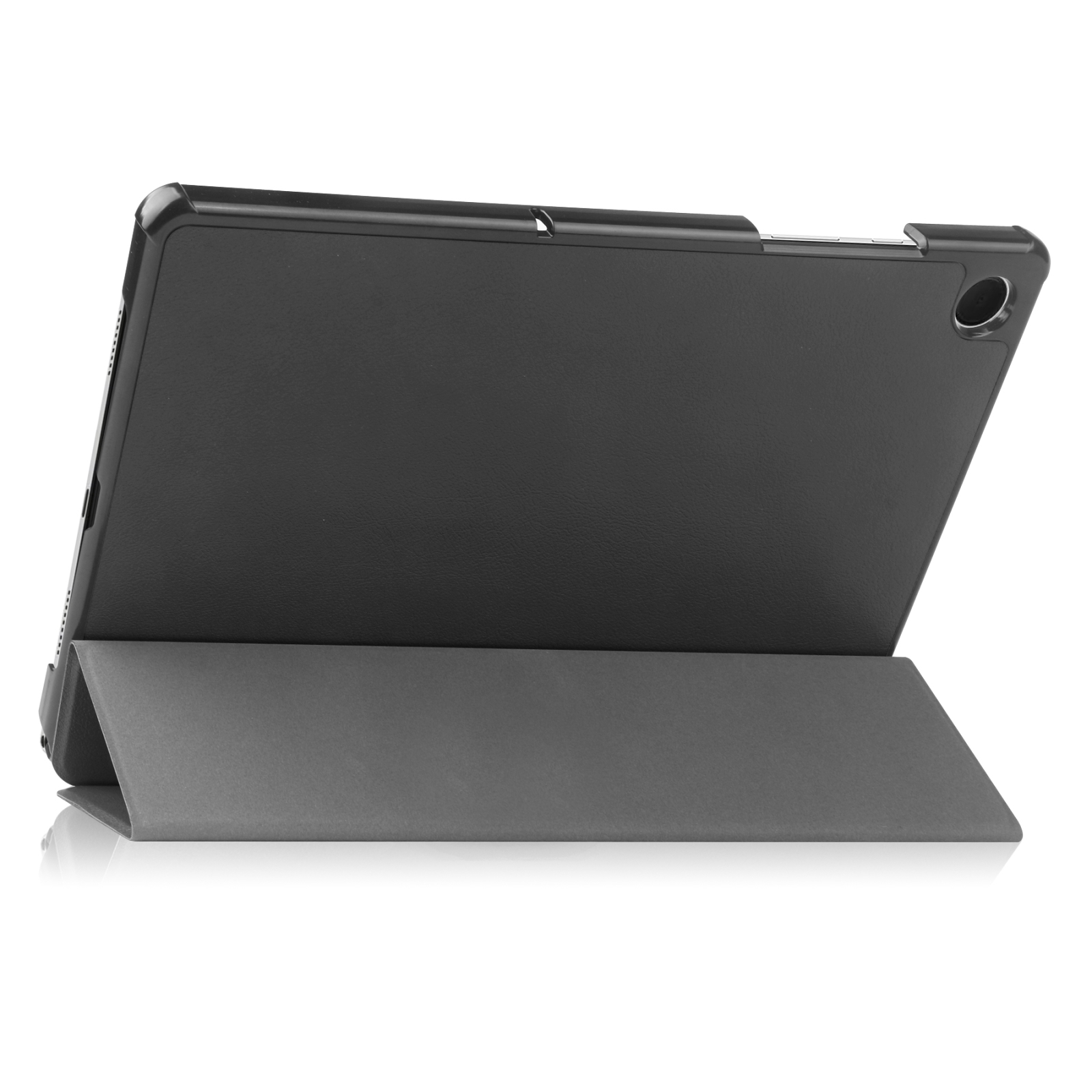 Ein schwarzes Tablet in einer Standhülle auf weißem Hintergrund.
