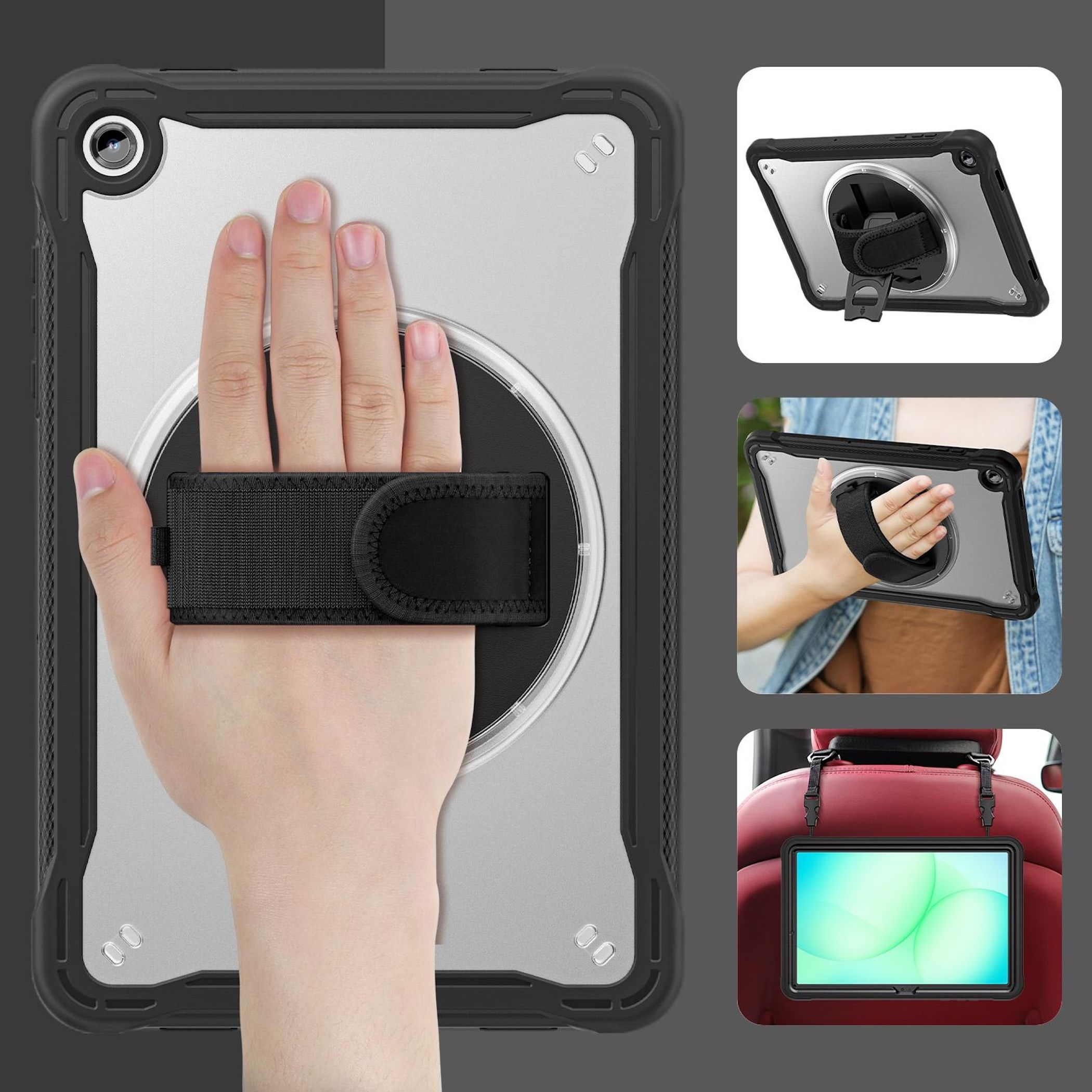 Tableta en funda protectora resistente con correa de mano y soporte ajustable en varias vistas.