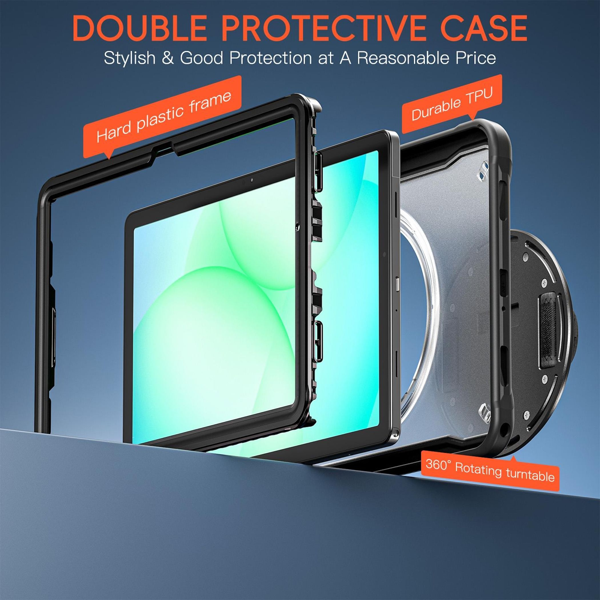 Vista explosionada de una funda protectora doble para tablet con marco de plástico duro y TPU duradero.