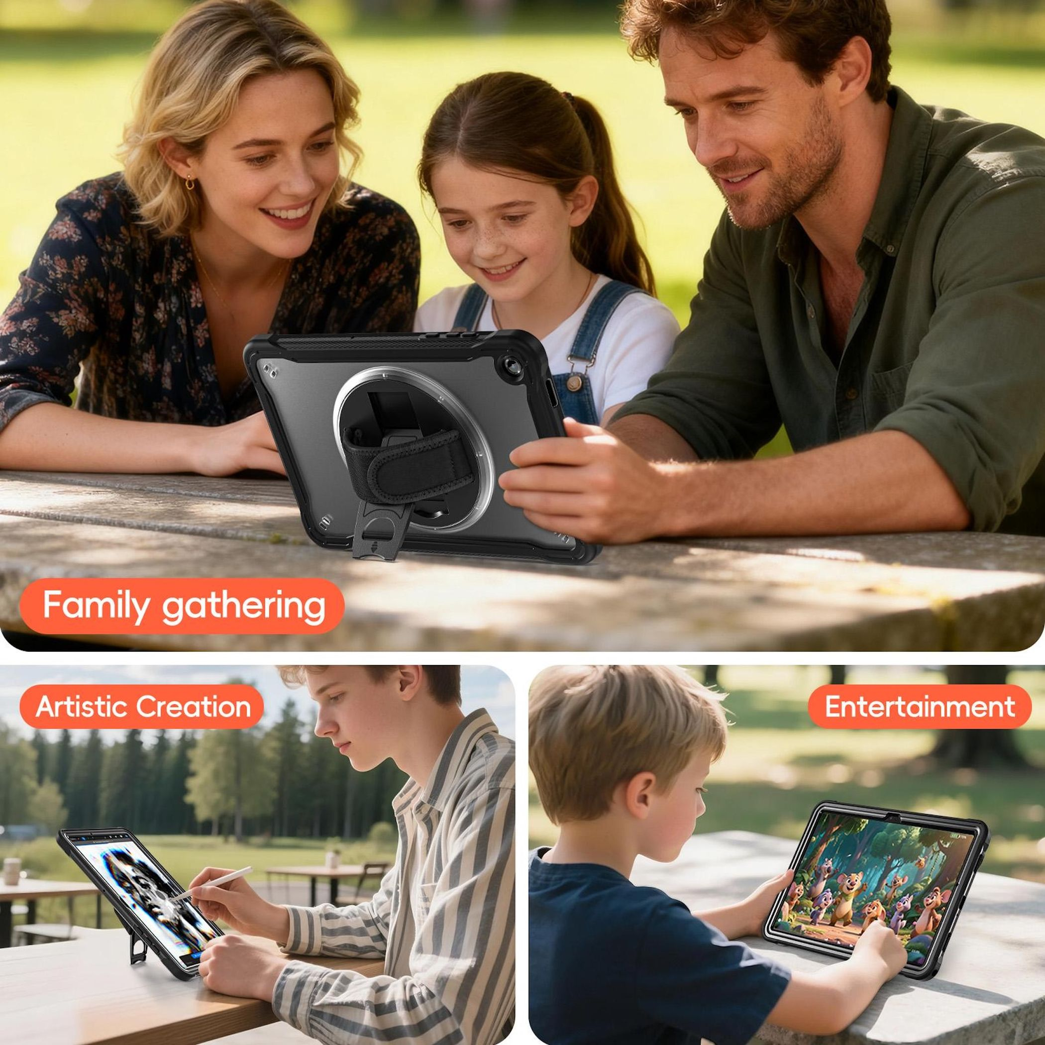 Una familia y personas usan tabletas con funda protectora al aire libre para reuniones, arte y entretenimiento.