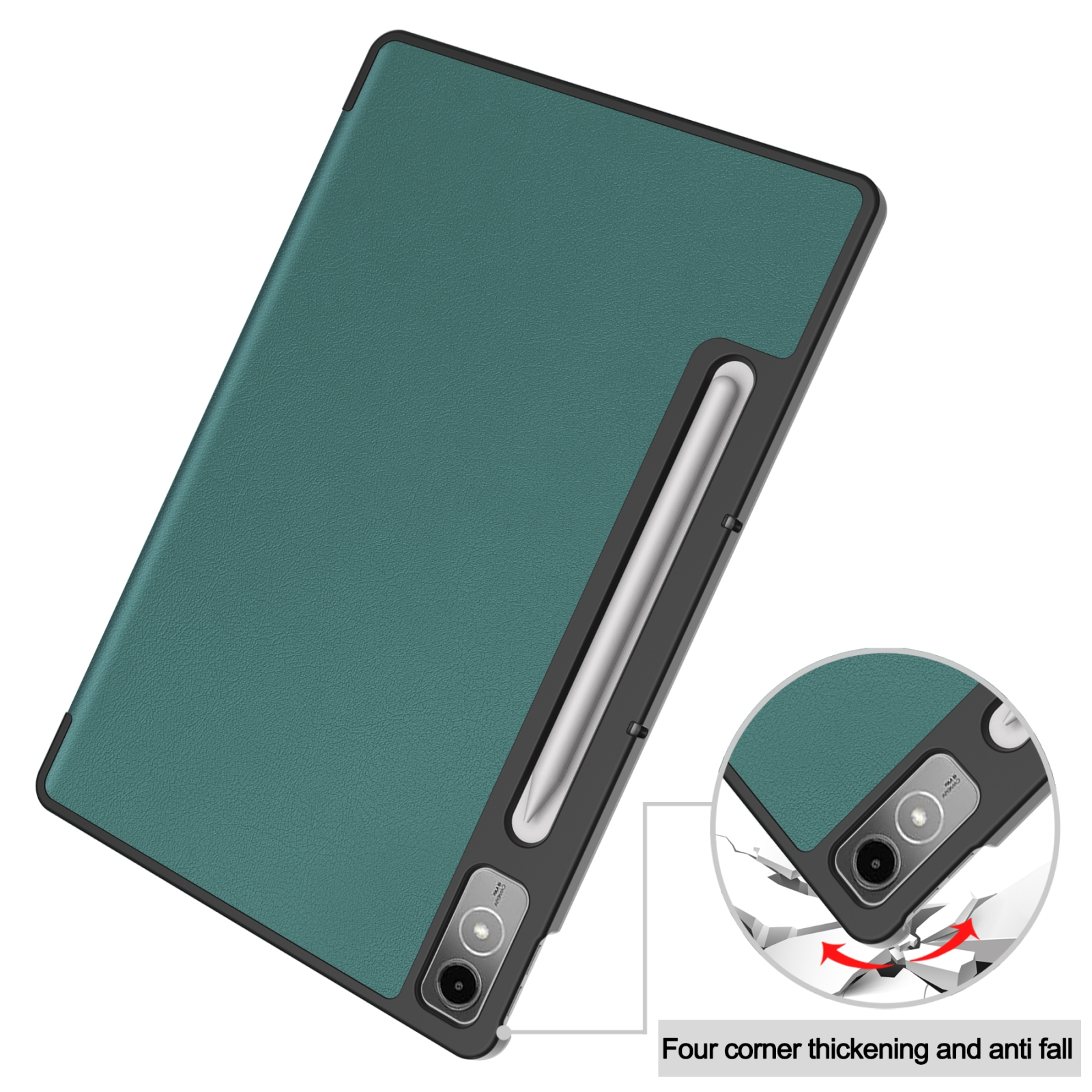 Grüne Tablet-Hülle mit Stifthalter und verstärkten Ecken gegen Stürze, inklusive Detailansicht.