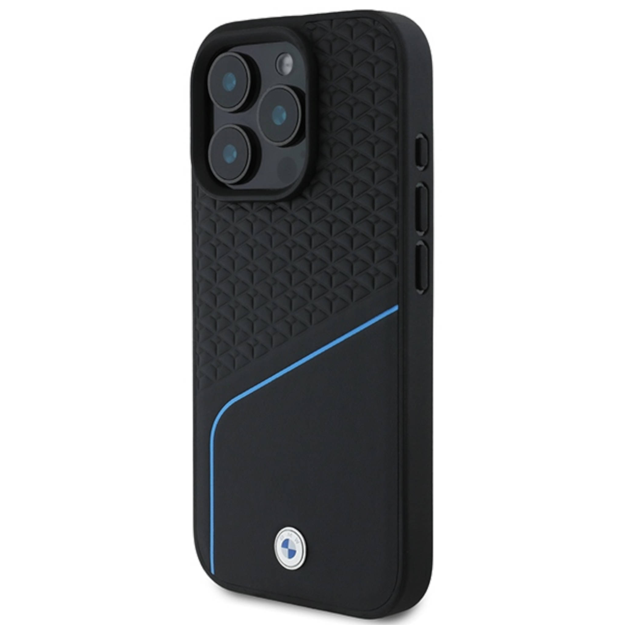 Funda negra para iPhone con parte trasera texturizada, línea azul y logo de BMW.
