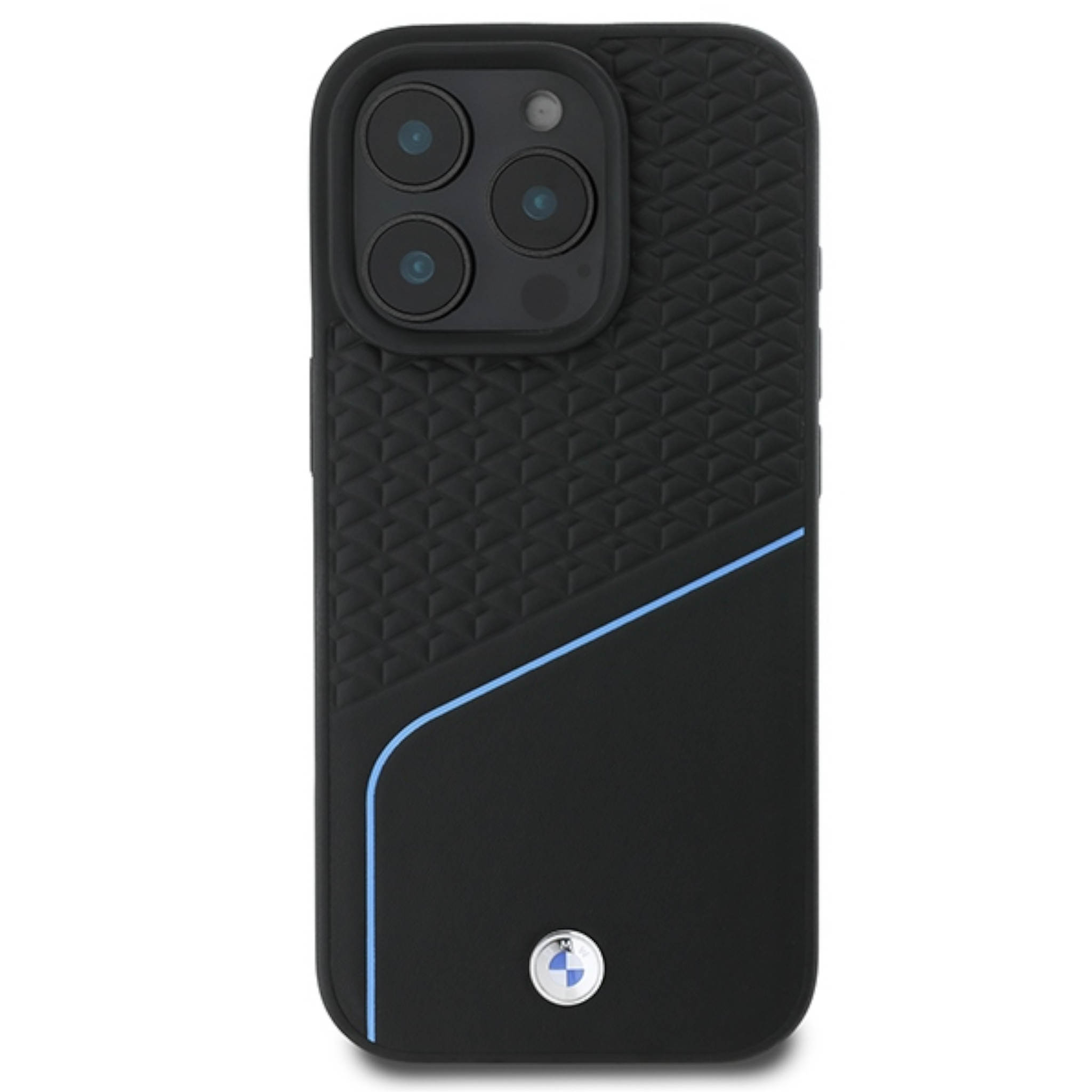 Funda de móvil negra con patrón triangular, línea azul y logo de BMW abajo.