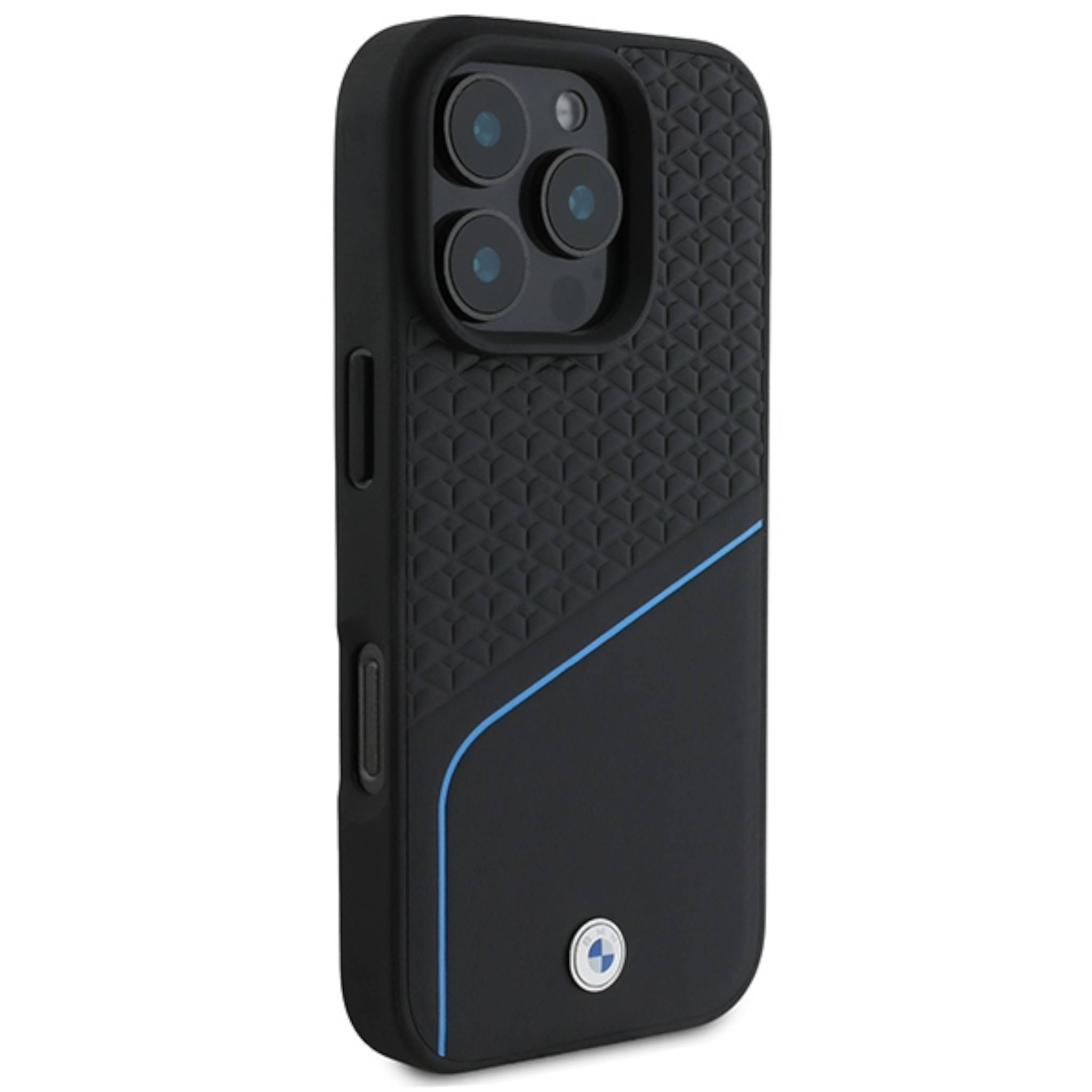 Funda de móvil negra con patrón triangular, línea azul y logo de BMW.