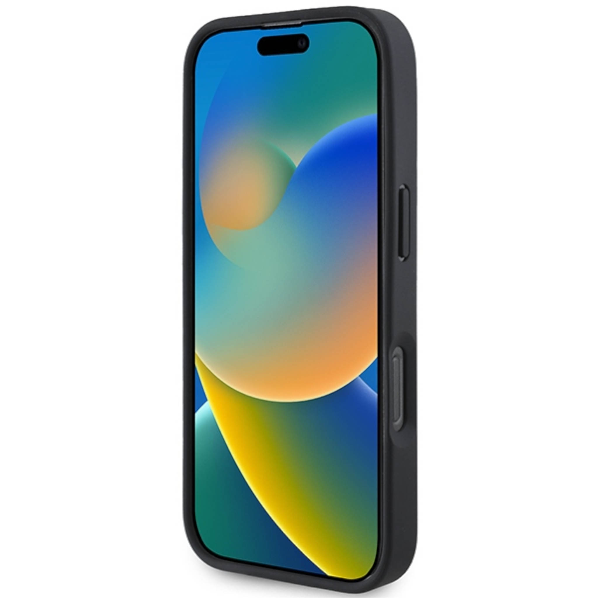 Un teléfono inteligente en una funda negra con un fondo de pantalla abstracto en tonos azules, verdes y naranjas.