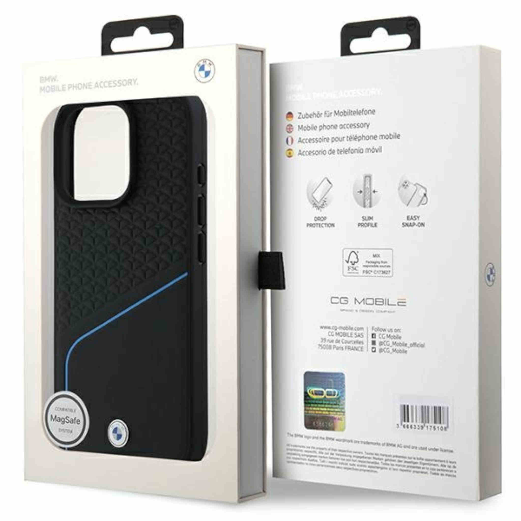 Funda de teléfono BMW negra en envase blanco con MagSafe y detalles de CG Mobile.