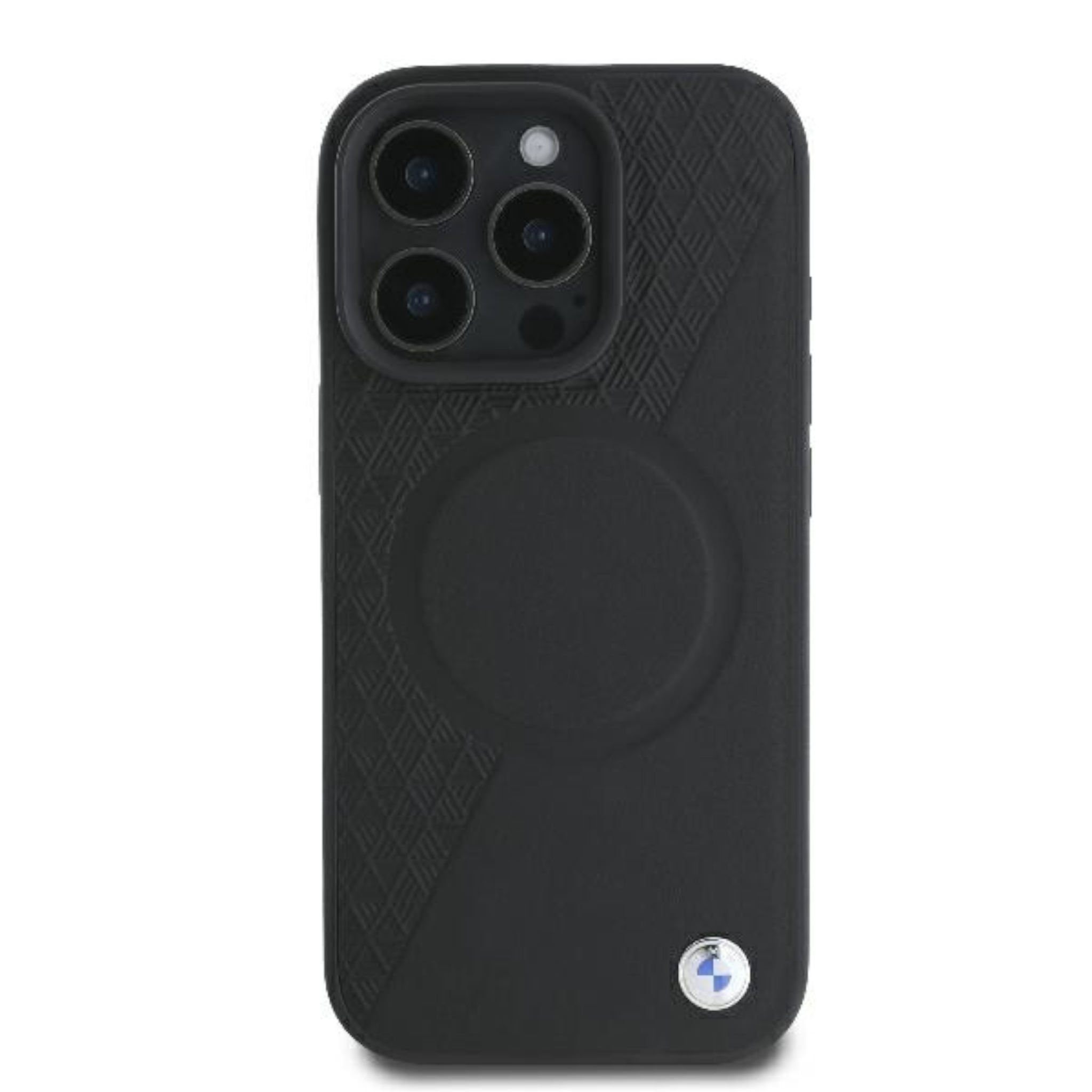 Custodia per telefono BMW nera con MagSafe e foro per fotocamera su sfondo bianco.