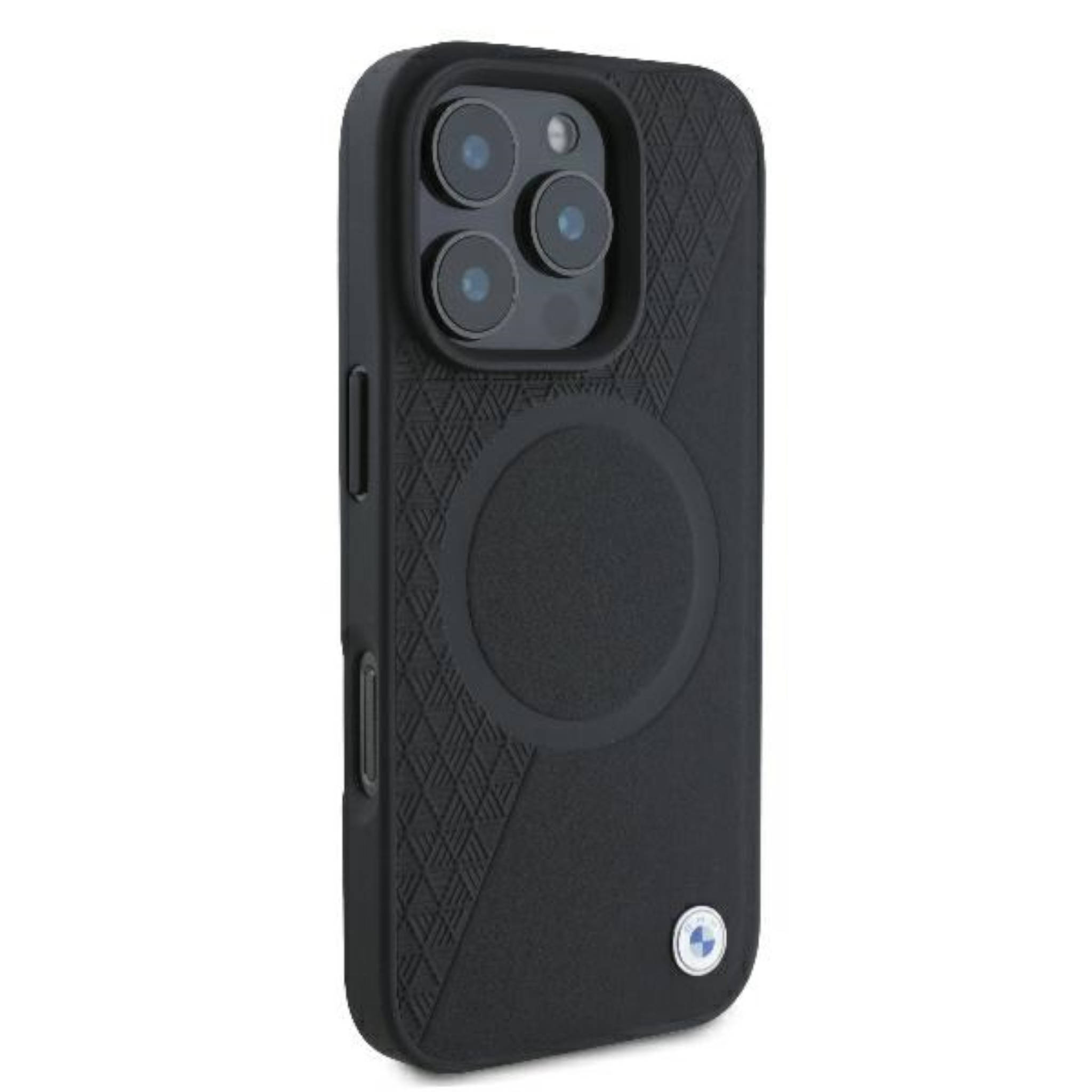 Custodia protettiva nera per telefono con ritaglio per tripla fotocamera e motivo geometrico su fondo bianco.