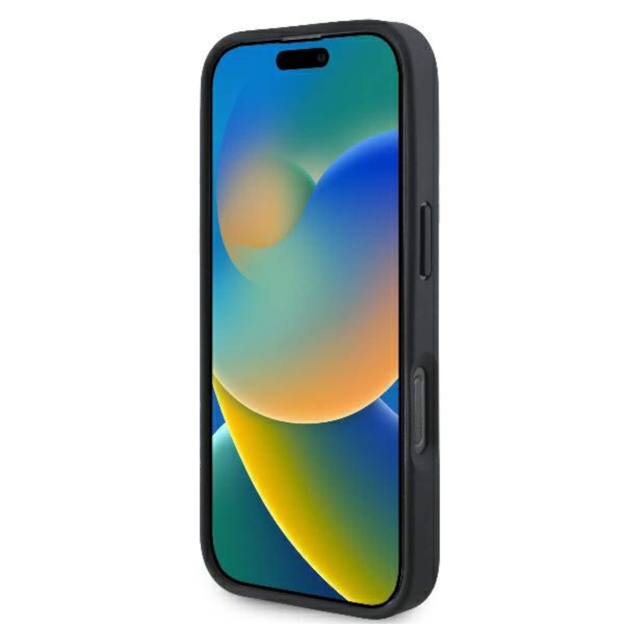 Uno smartphone nero in una custodia mostra uno sfondo astratto e colorato su sfondo bianco.