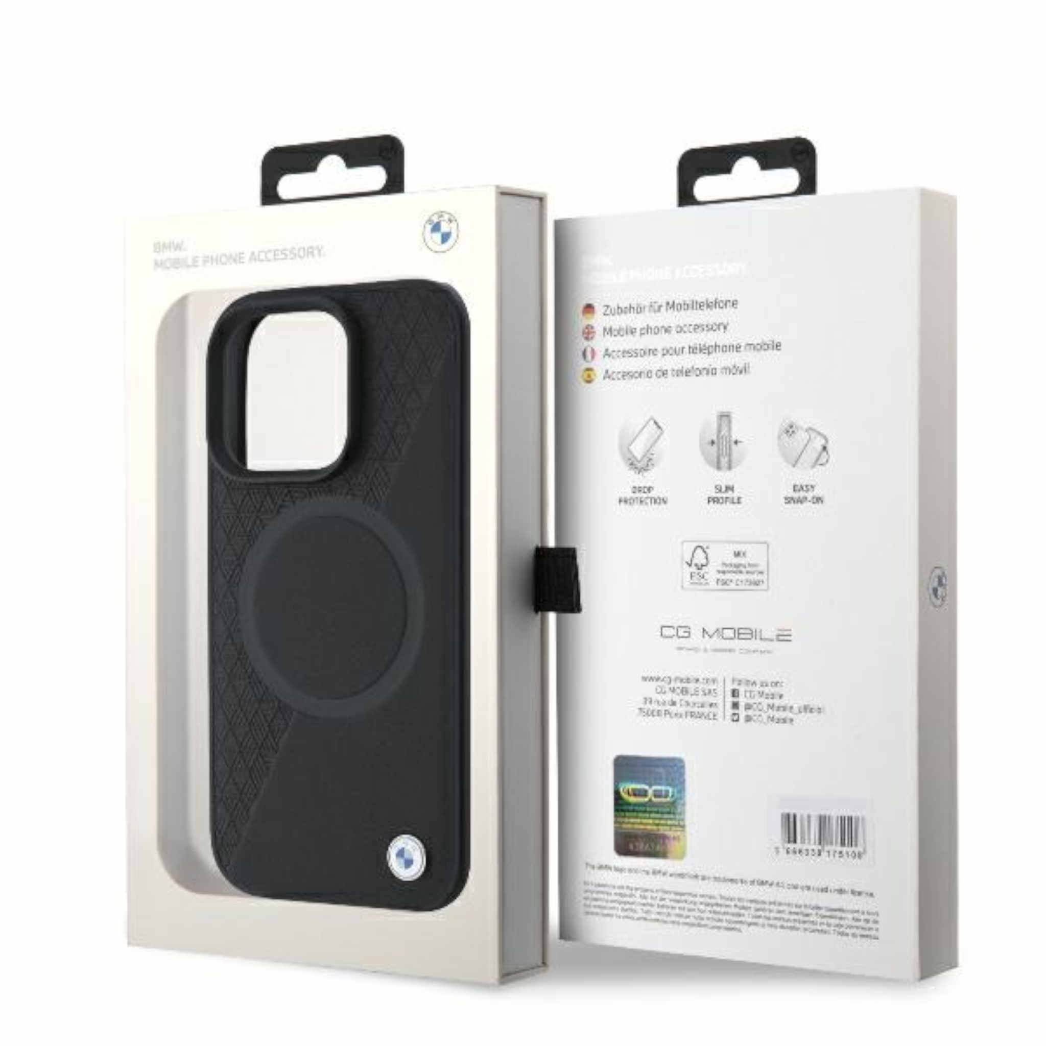 Confezione per custodia per cellulare BMW con cover nera, anello MagSafe e logo bianco su fondo bianco.