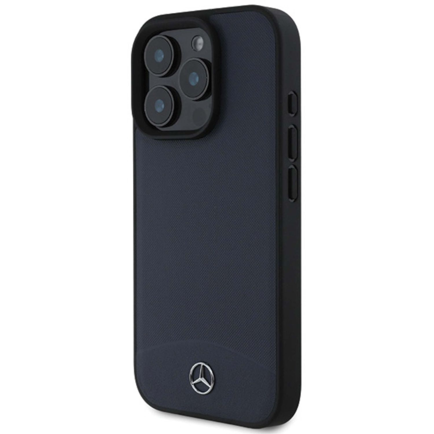 Custodia per smartphone blu scuro con tripla fotocamera e logo Mercedes argentato.