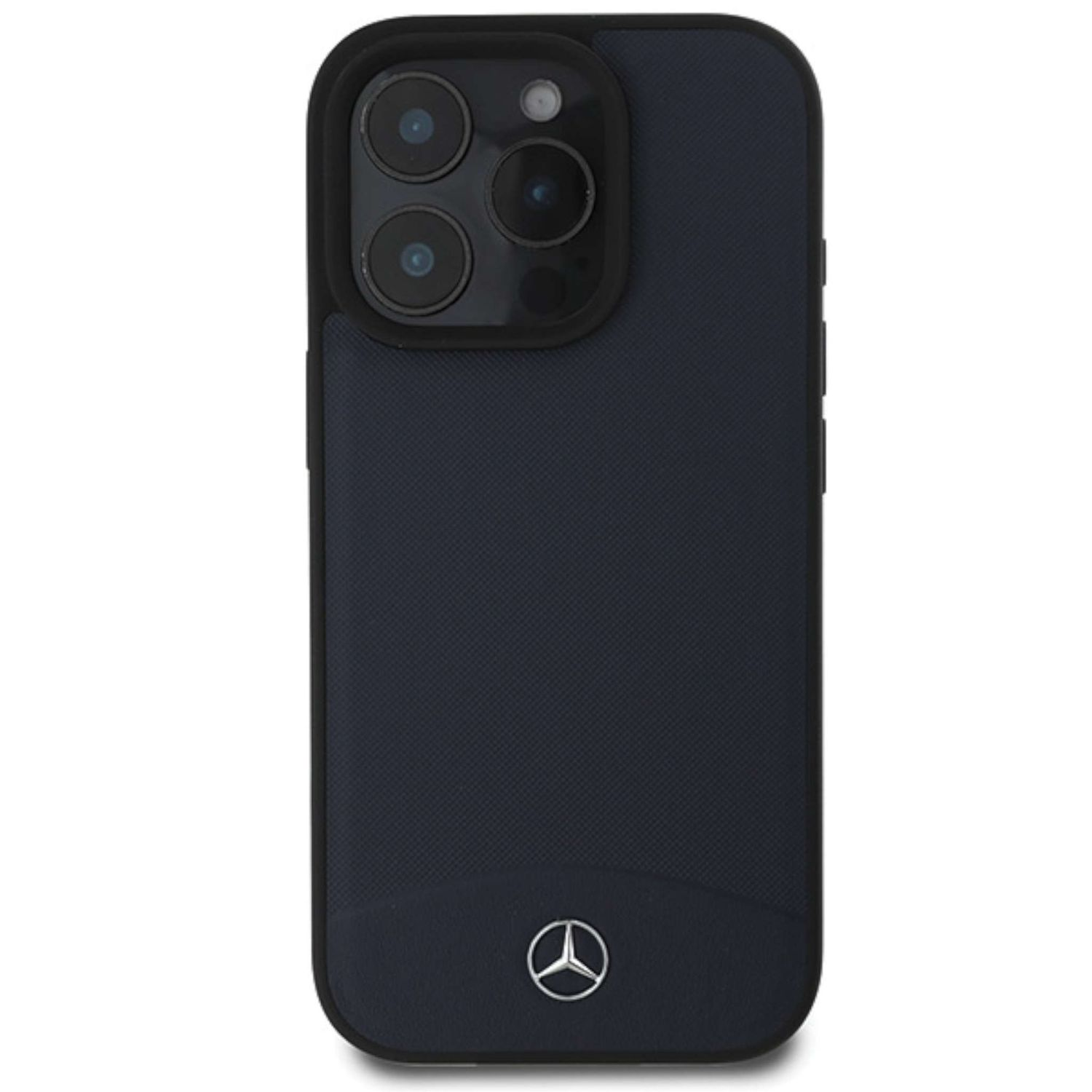 Custodia per telefono blu scuro con tre lenti della fotocamera e logo Mercedes argentato in basso.
