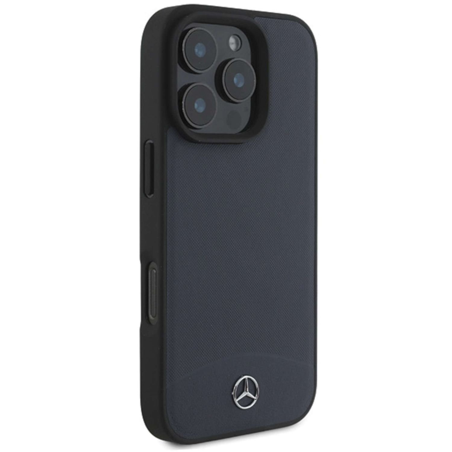Custodia per telefono blu scuro con ritaglio fotocamera e logo Mercedes.