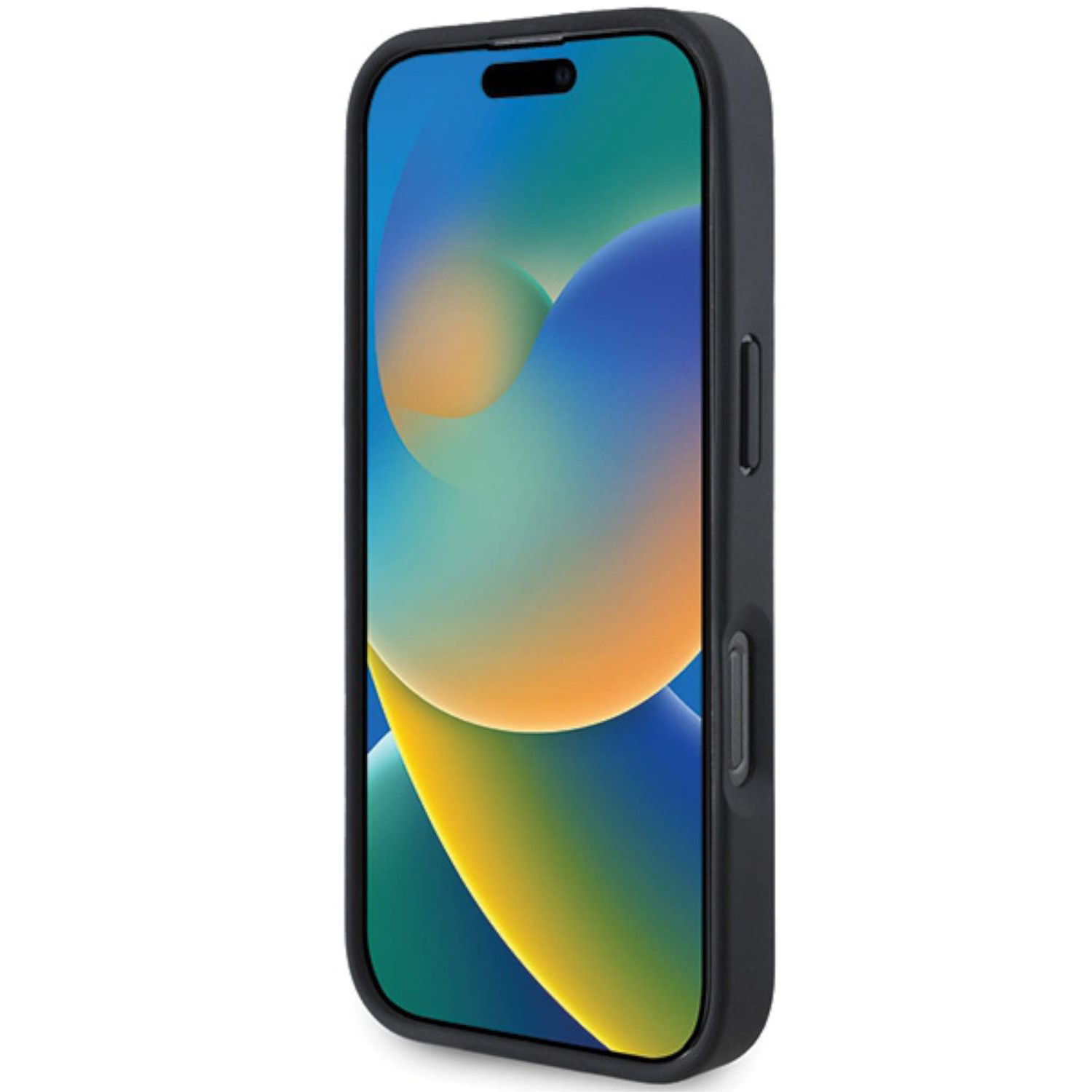 Uno smartphone nero con uno sfondo colorato e pulsanti laterali visibili su sfondo bianco.