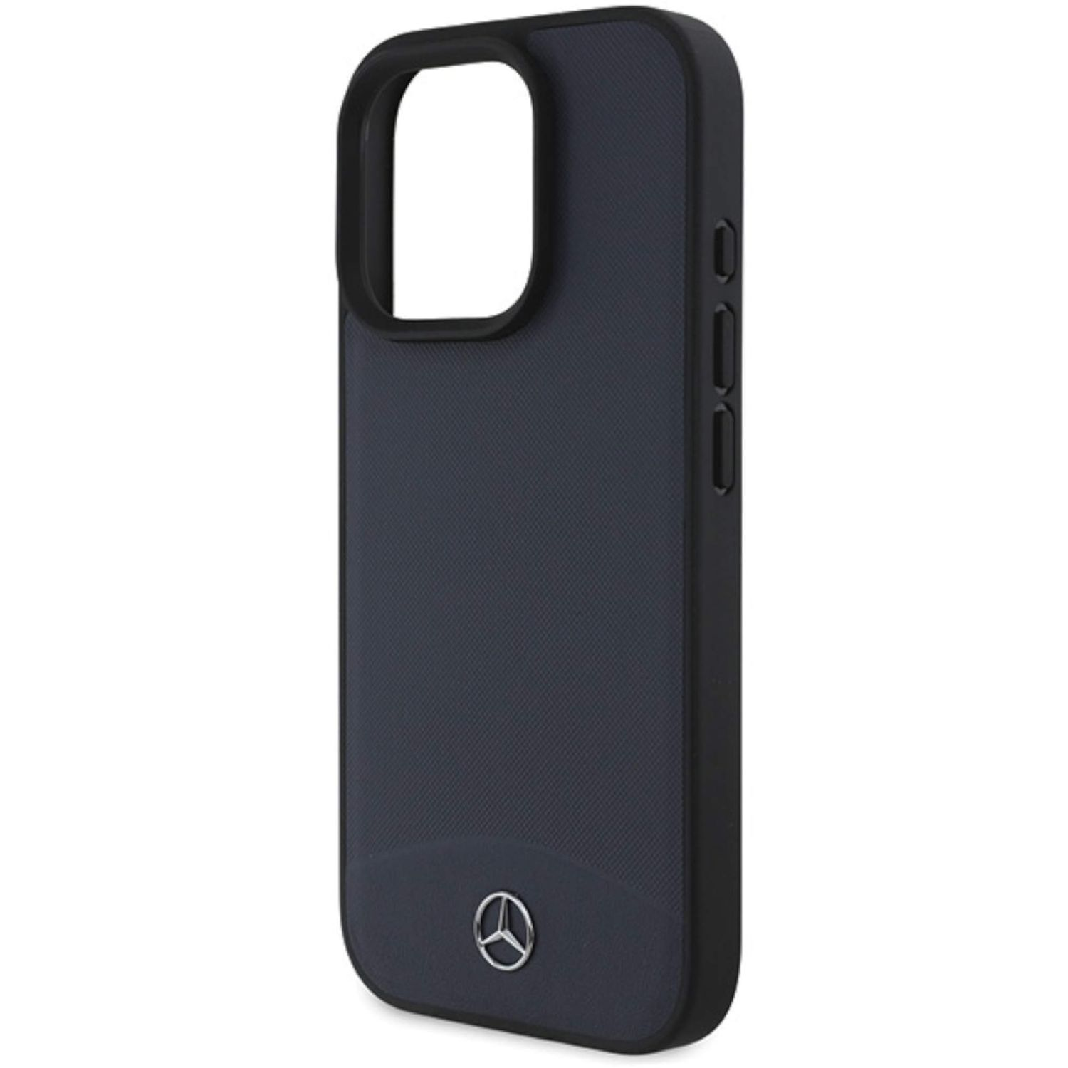 Custodia per telefono blu scuro con bordo nero e logo Mercedes argentato in basso.