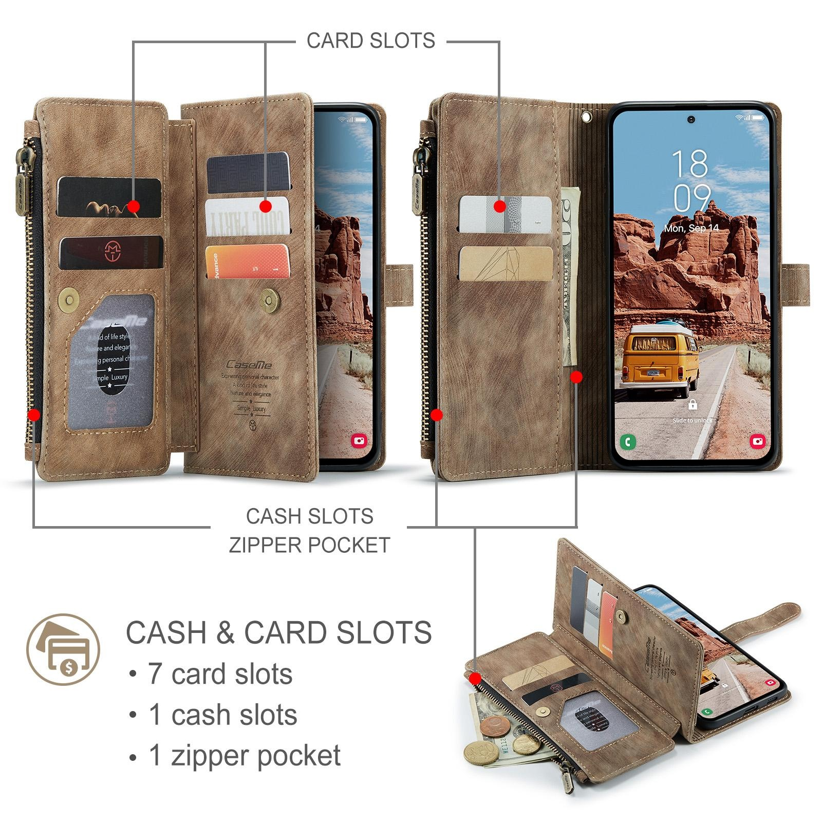 Funda de móvil de cuero marrón con ranuras para tarjetas, bolsillo para billetes y con cremallera, en varios ángulos.