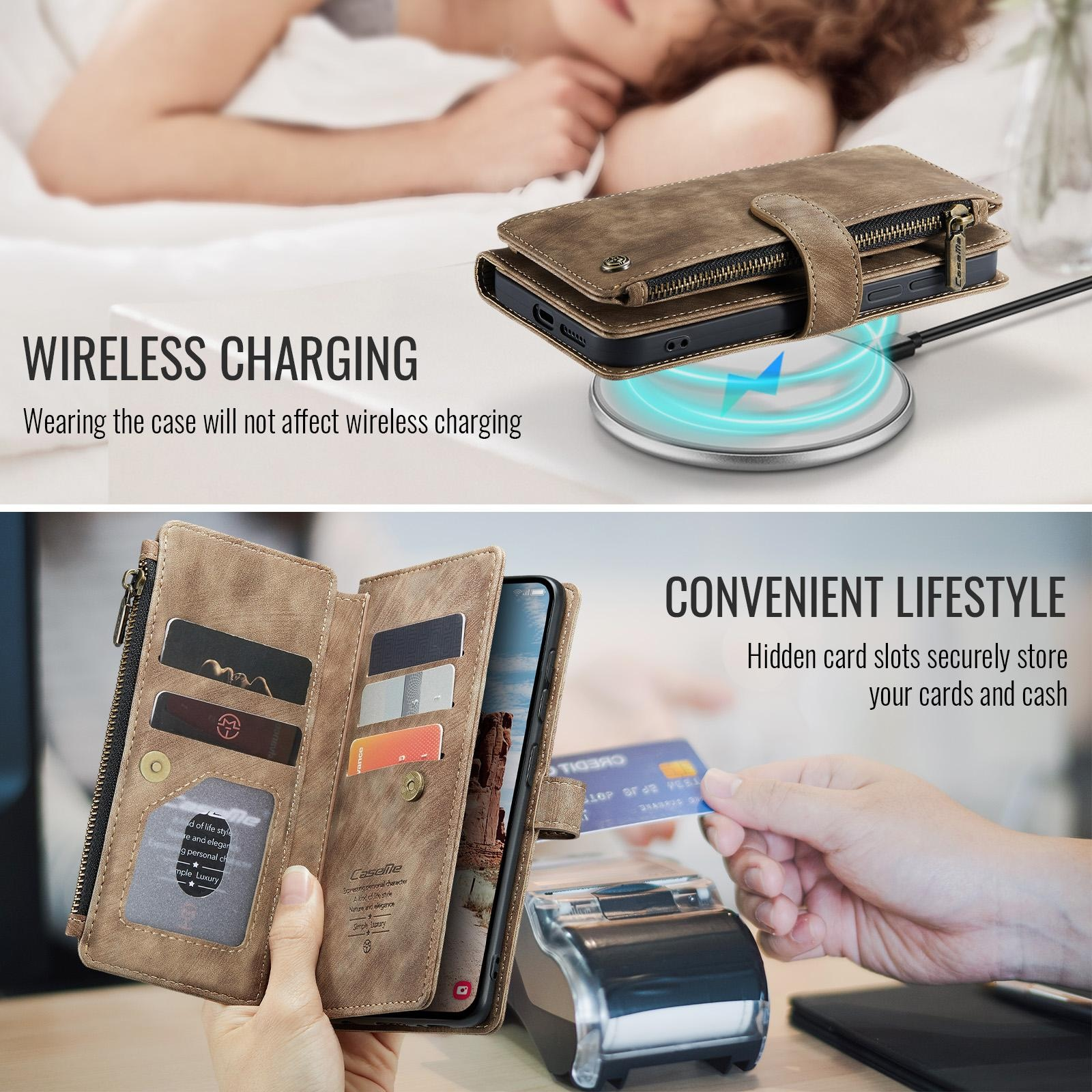 Una funda de cuero marrón para teléfono muestra carga inalámbríca arriba y ranuras para tarjetas con un datáfono abajo.