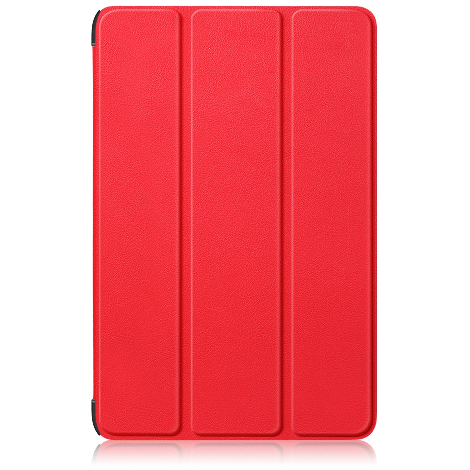 Ein rotes klappbares Tablet-Cover mit drei vertikalen Faltlinien auf einer weißen Oberfläche.