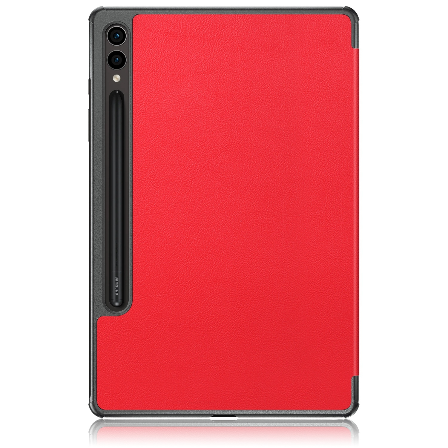 Ein rote Tablet-Hülle mit schwarzem Rahmen, Stift, zwei Kameras und Reflexion.