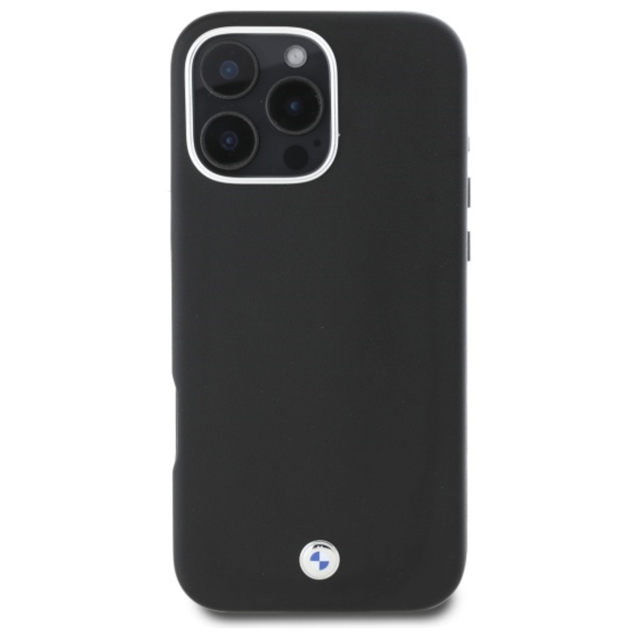 Una funda de smartphone negra con recorte para la cámara y el logotipo de BMW en la parte trasera.