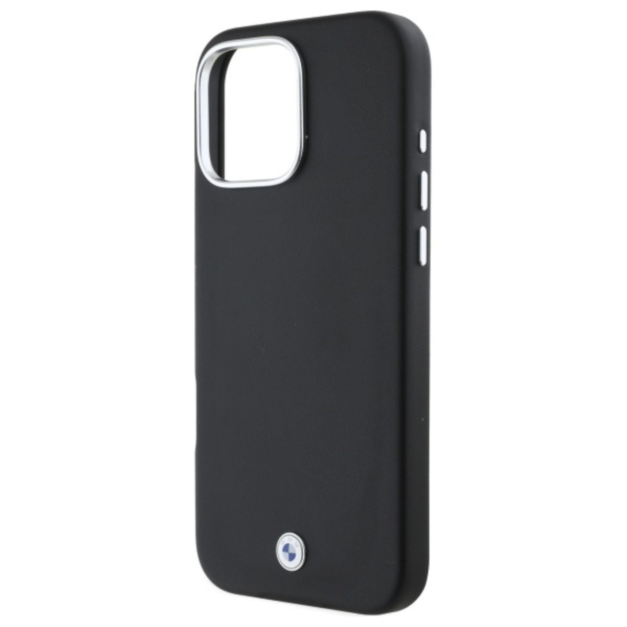 Una funda de smartphone negra con borde de cámara plateado y logo de BMW.