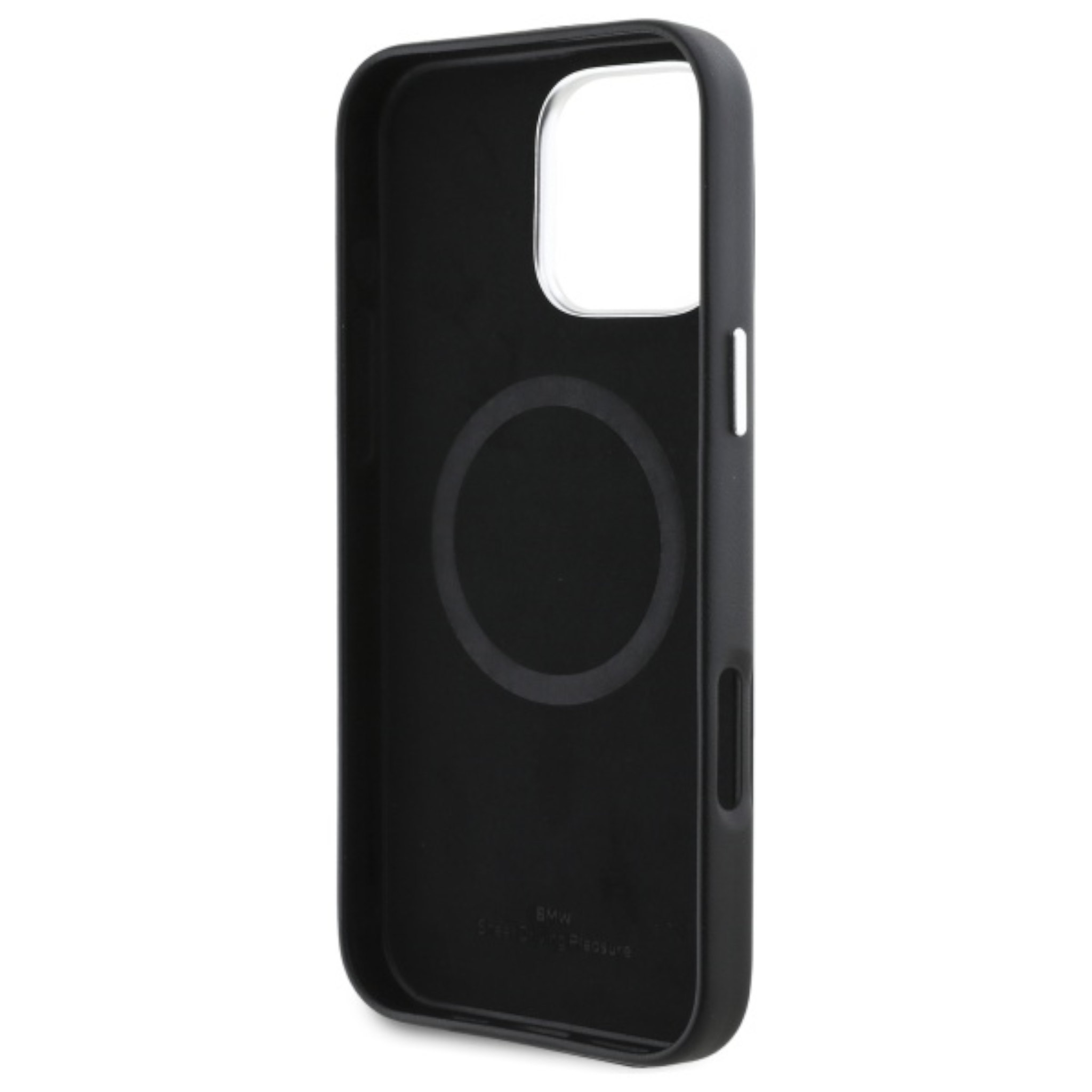 Funda de móvil negra con anillo MagSafe y recorte para la cámara sobre fondo blanco.