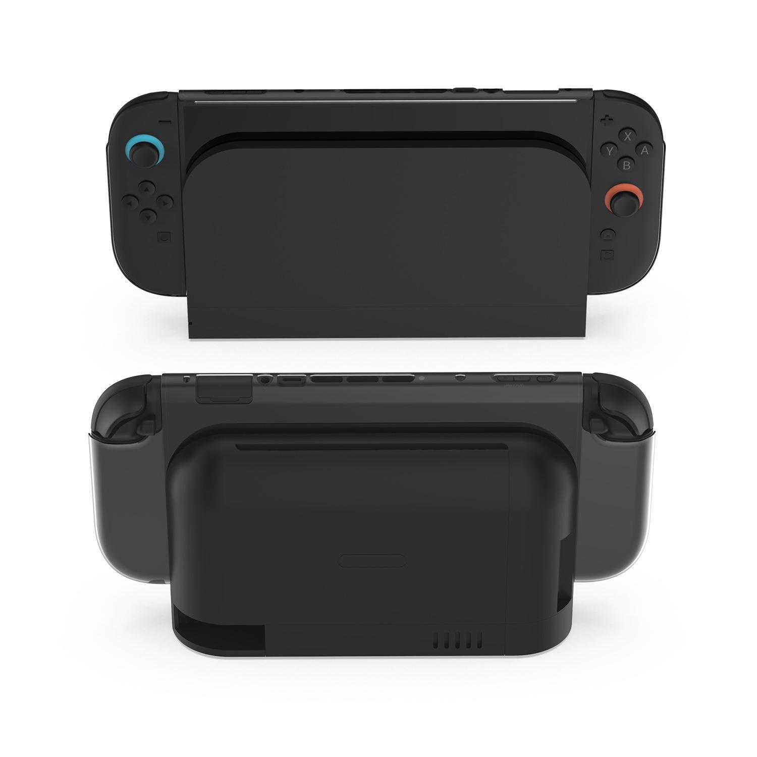 Schwarze Nintendo Switch Konsole in einem Dock, Vorder- und Rückansicht.