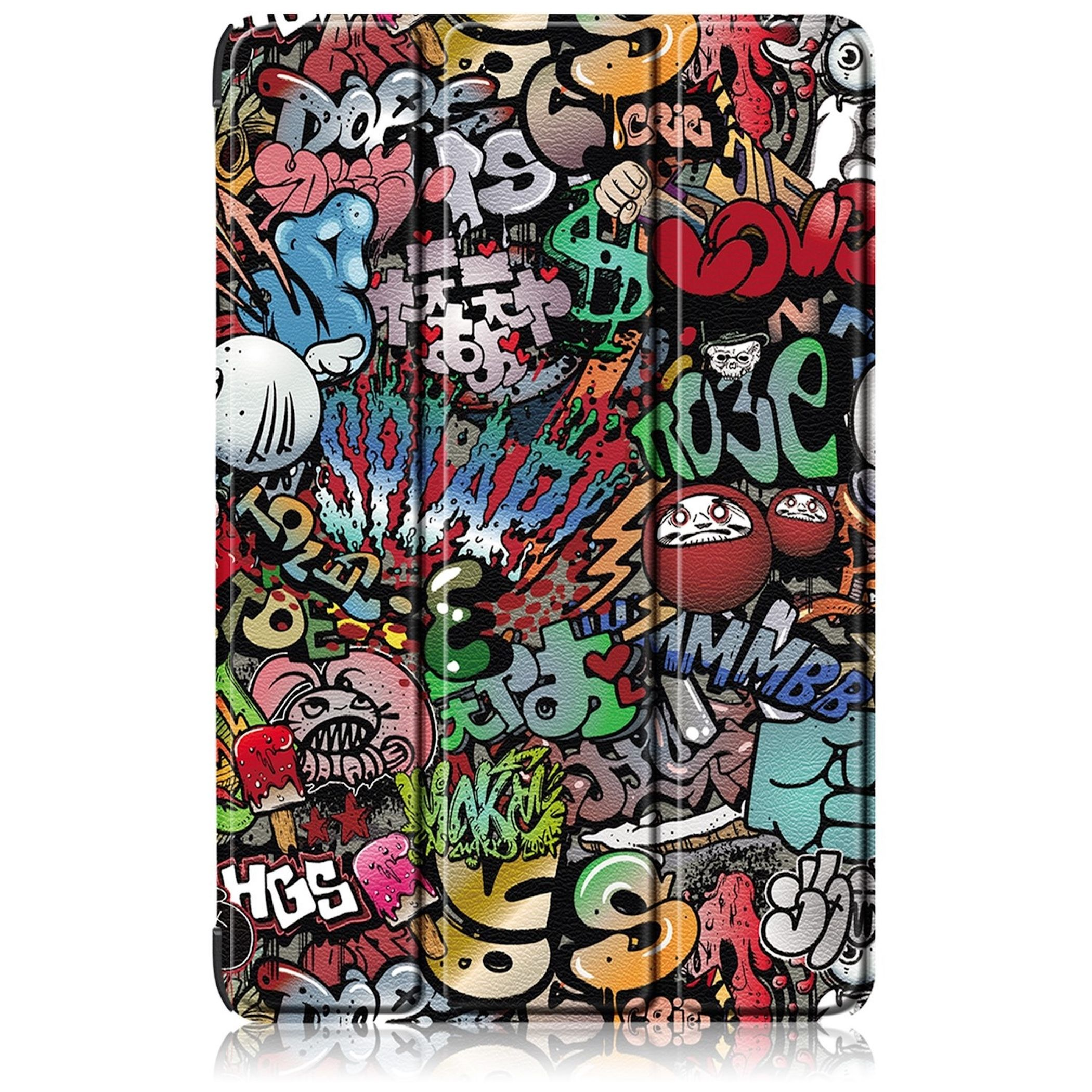 Funda de tableta colorida con un patrón de grafiti vibrante en rojo, verde, azul y negro.