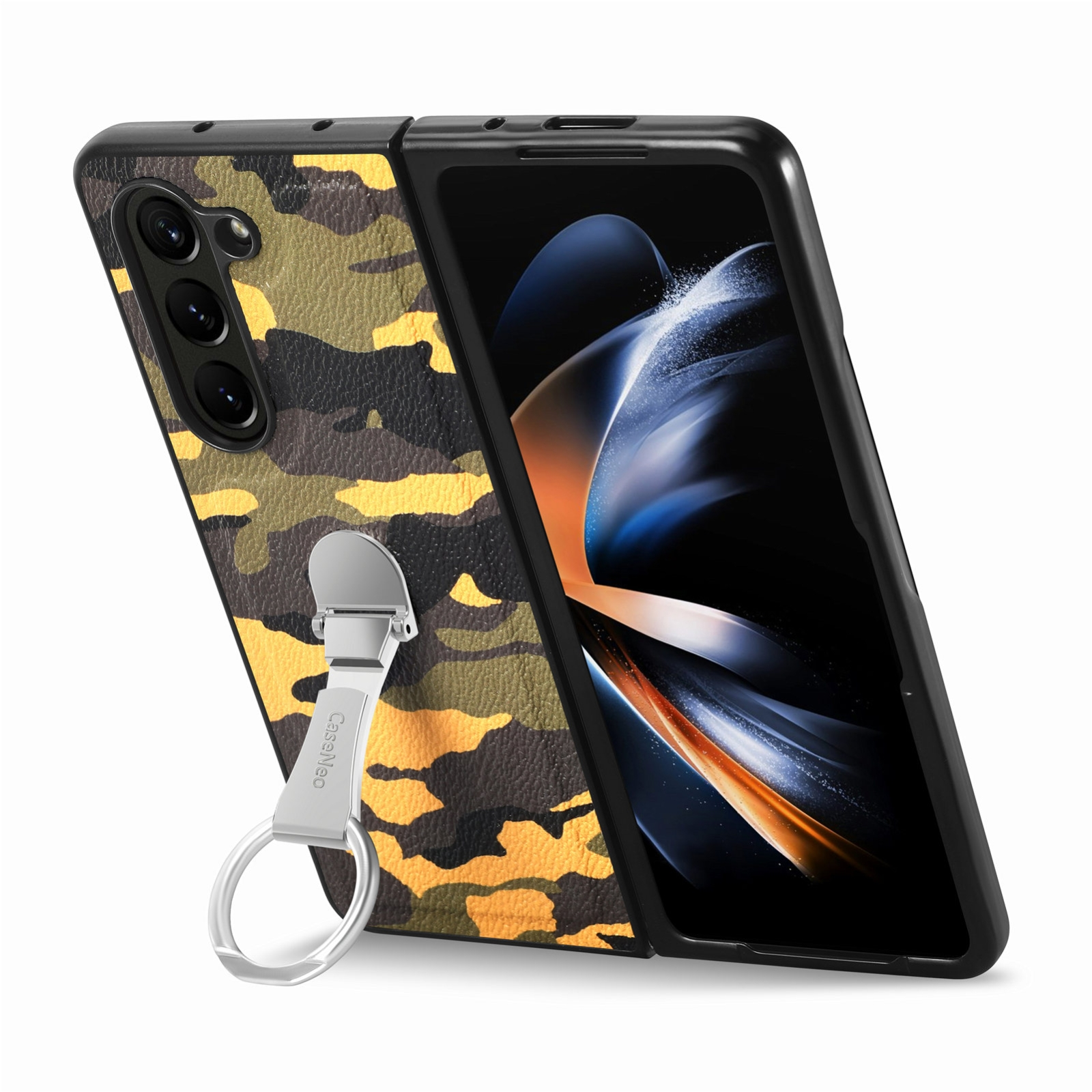 Un teléfono plegable en una funda de camuflaje con un soporte de anillo plateado sobre fondo blanco.