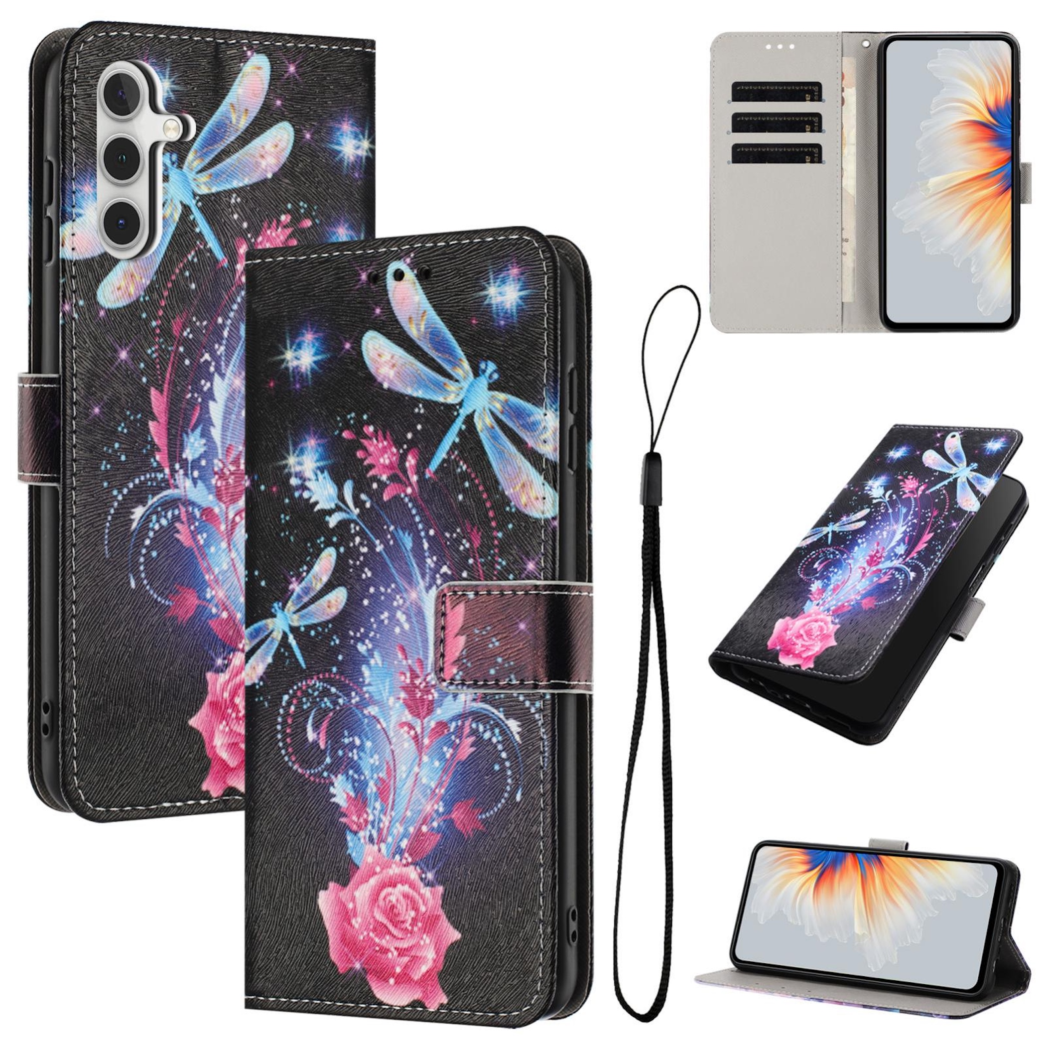 Eine schwarze Leder-Smartphone-Brieftasche mit Libellen-, rosa Rosen- und funkelndem Sternen-Design.