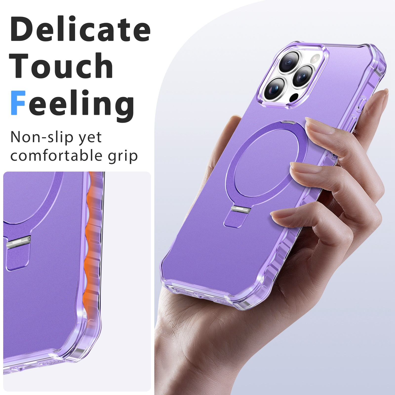 Hand hält lilafarbenes Smartphone in durchsichtiger Hülle mit Ständer.