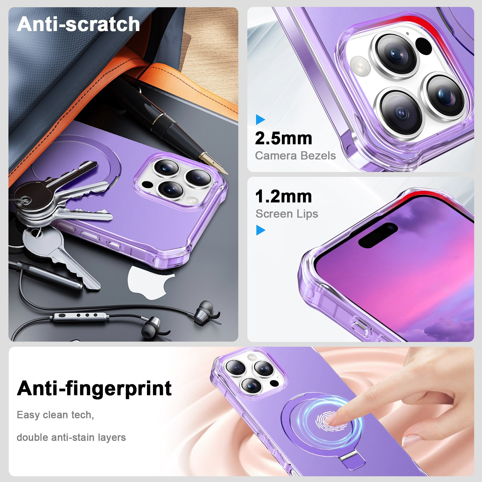 Eine lila Handyschale mit Kratzschutz, Kameraeinfassungen, Bildschirmkanten und Anti-Fingerabdruck-Funktionen.
