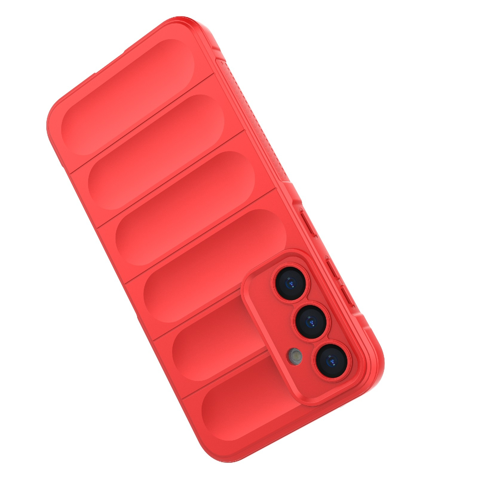 Eine leuchtend rote Schutzhülle mit gepolstertem Daunenjacken-Design und Aussparung für drei Kameras auf der Rückseite.