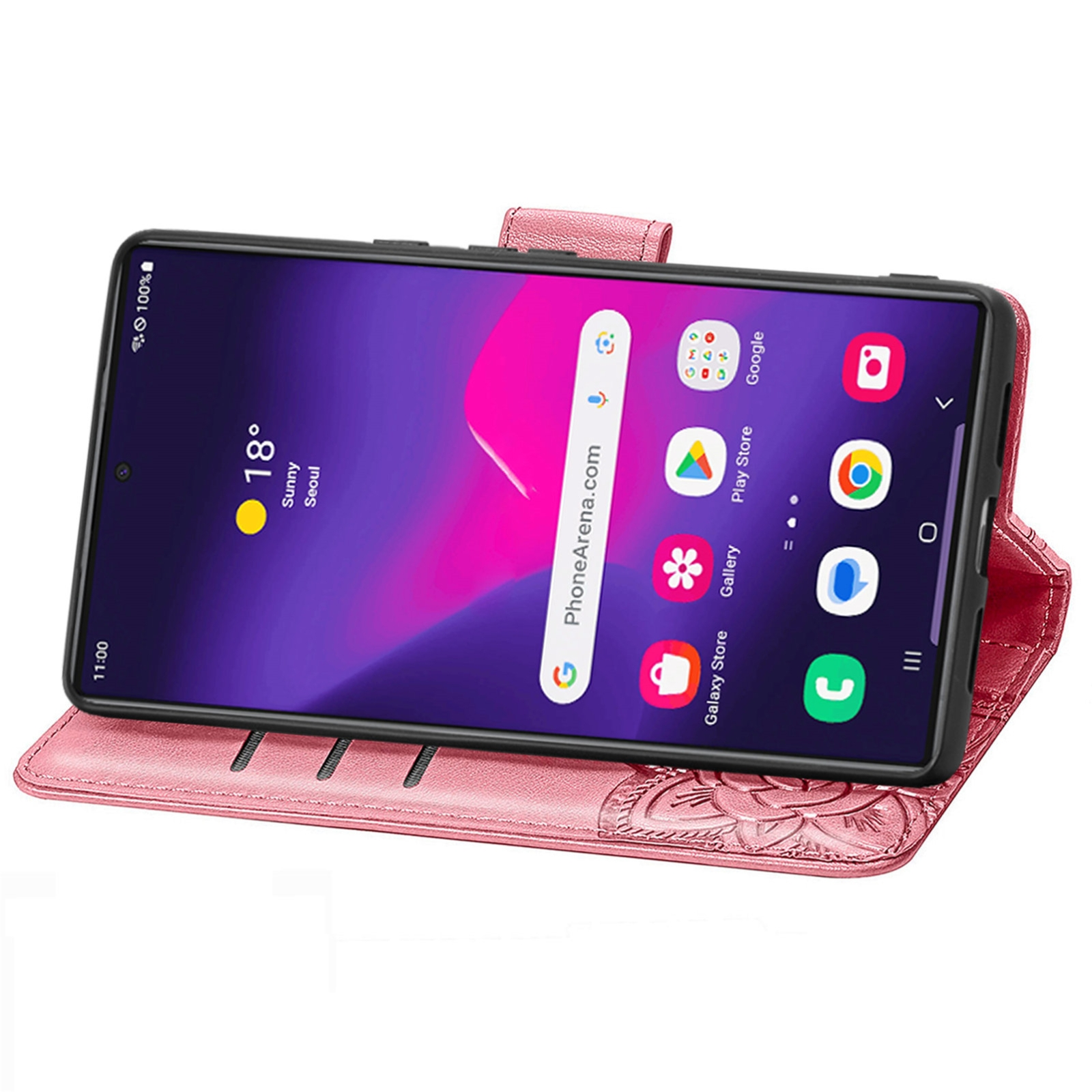 Un teléfono inteligente con fondo morado en una funda de cuero rosa con diseño floral.