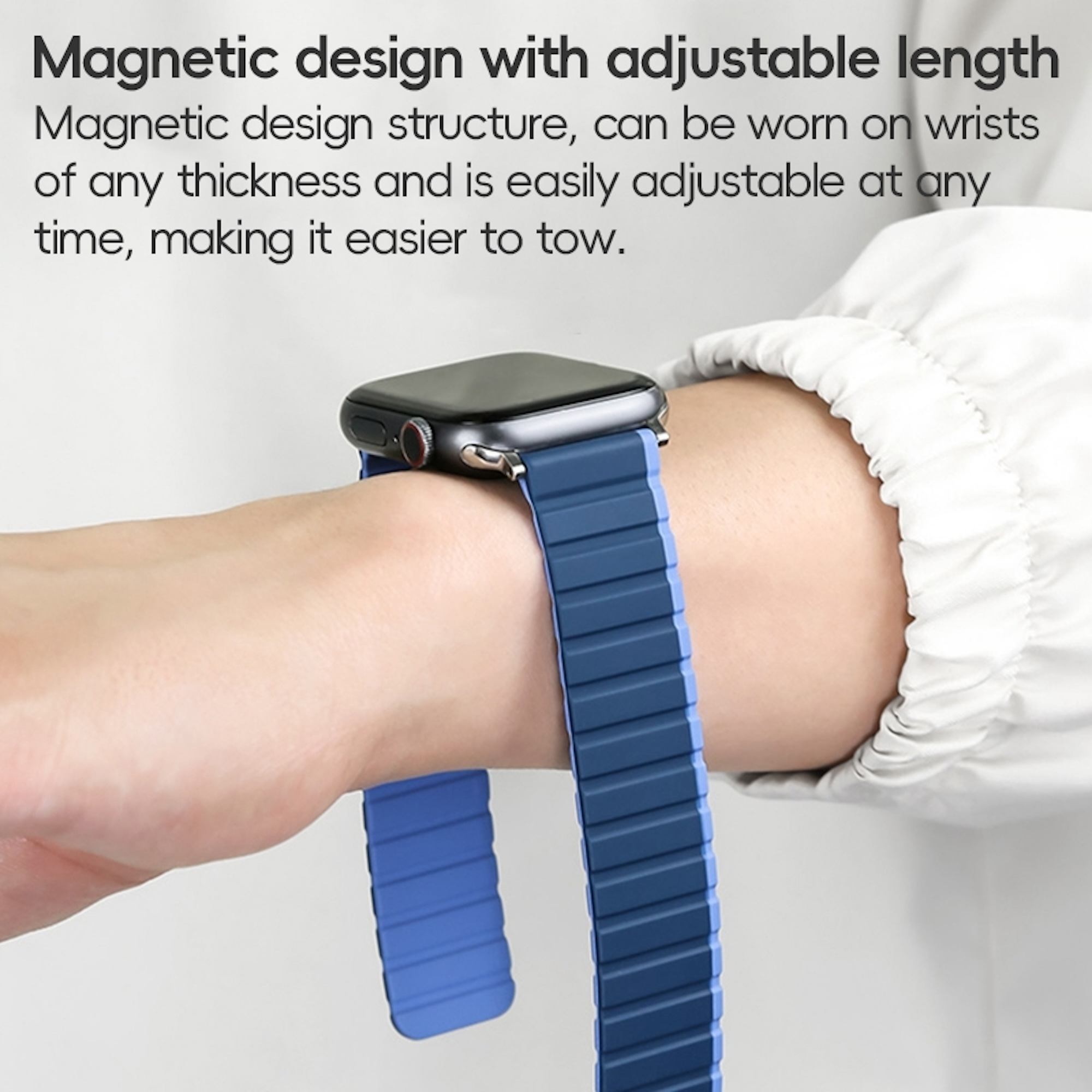 Eine Smartwatch mit blauem Magnetarmband am Handgelenk mit Werbetext oben.