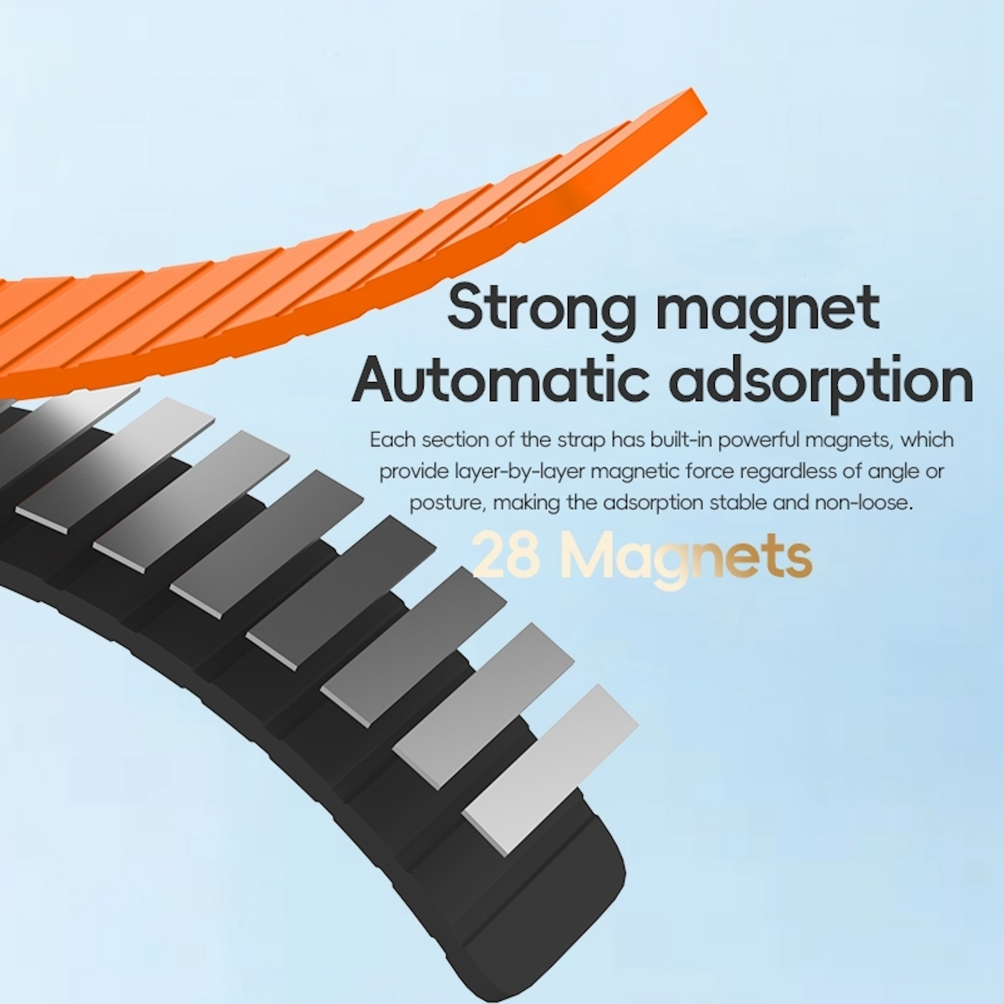 Grafik eines orange-schwarzen Uhrenarmbands mit integrierten Magneten und dem Text Starker Magnet Automatische Adsorption.