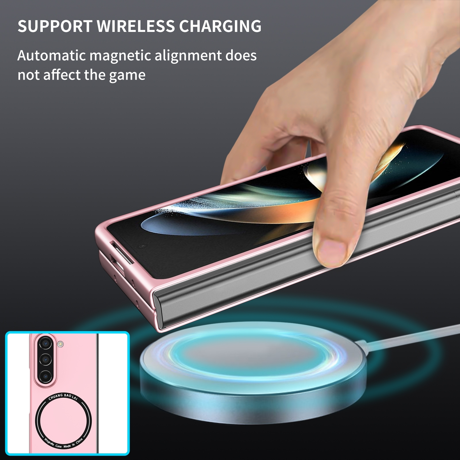 Eine Hand legt ein rosa faltbares Smartphone auf ein leuchtendes kabelloses Ladegerät.