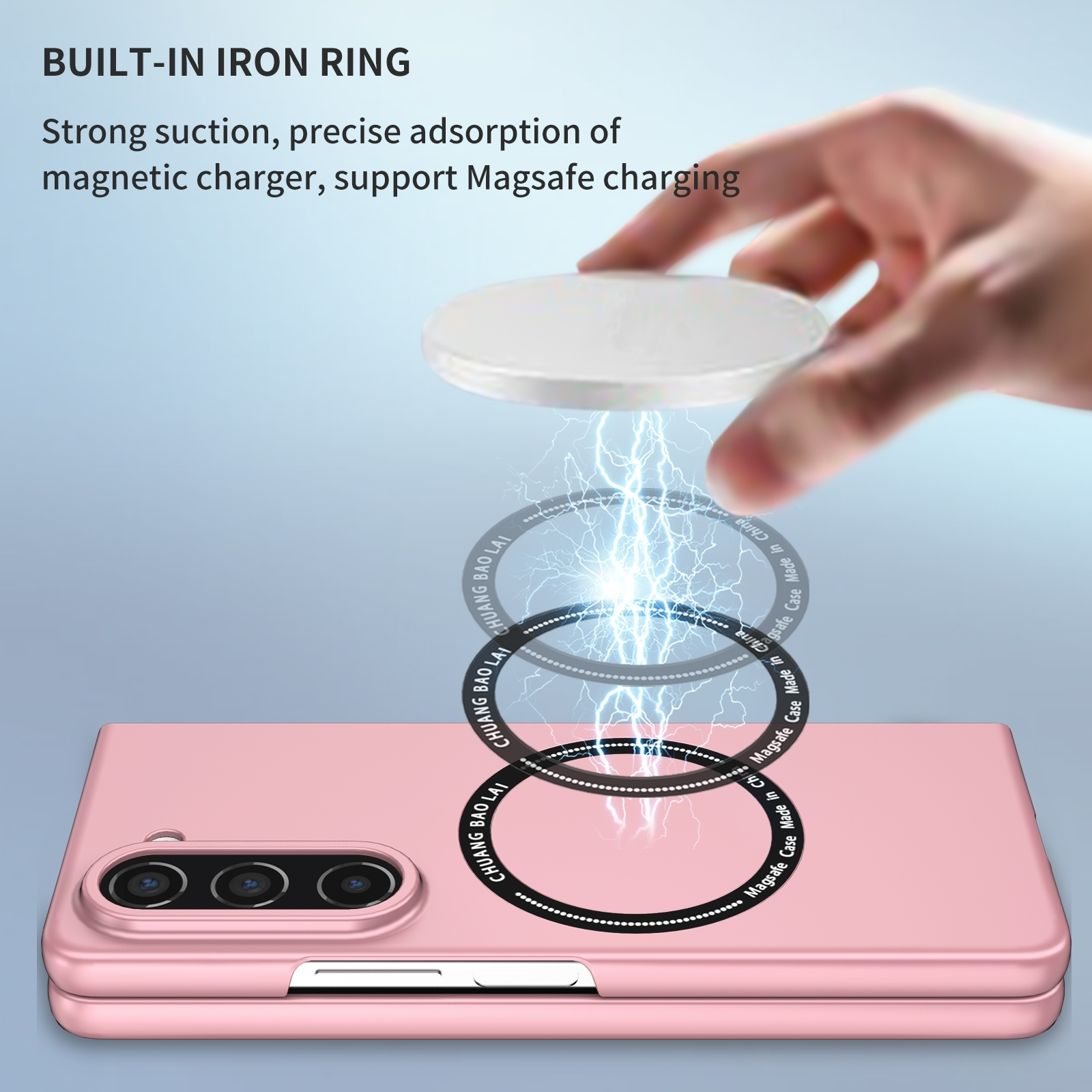 Hand an einem magnetischen Ladegerät über einer rosa Smartphone-Hülle mit eingebautem Eisenring.